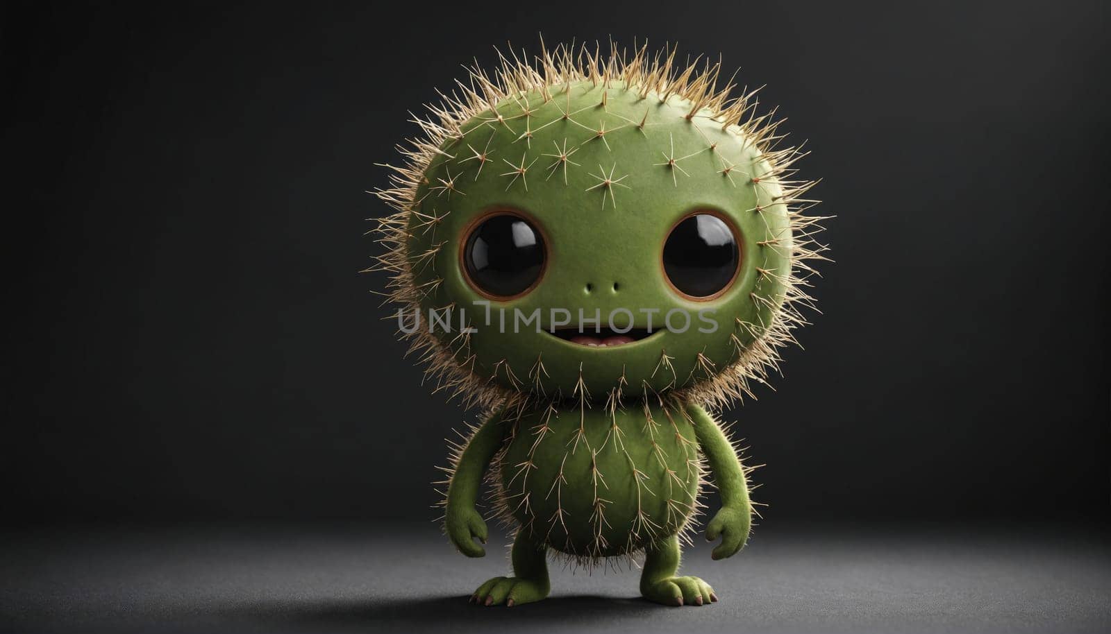 A cartoon cactus with large eyes, a small mouth, and a light green body smiles and stands in a dark room. It is covered in small, pointy spines.
