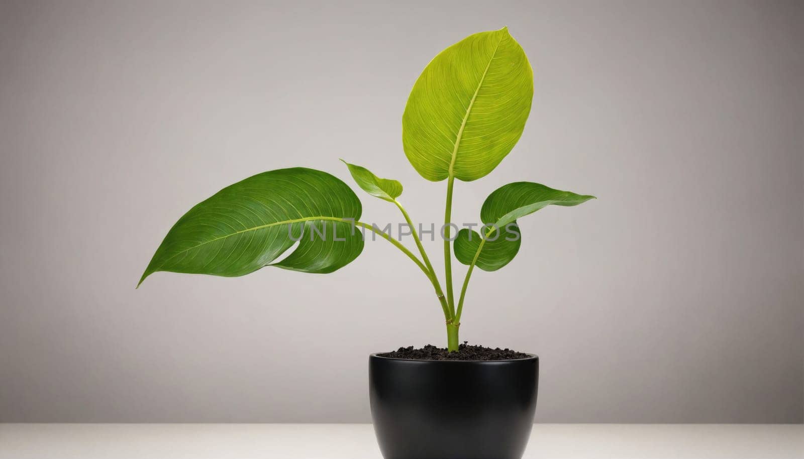 A potted plant with several large green leaves growing from a single stem. The plant is in a black pot and is on a white surface against a plain white background.