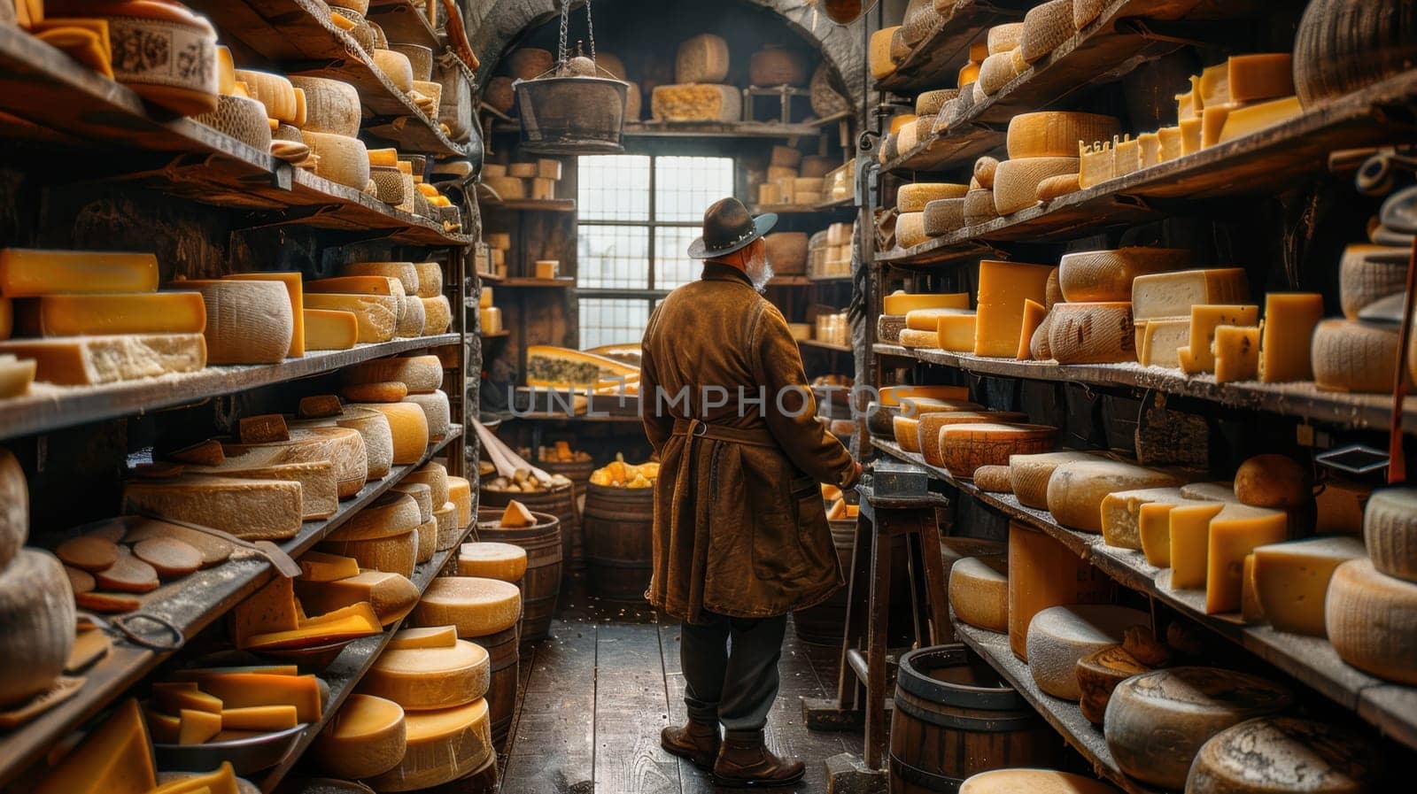 A male cheese maker checks the cheese in the cellar. cheese heads are laid on wooden shelves, the process of cooking is homemade.