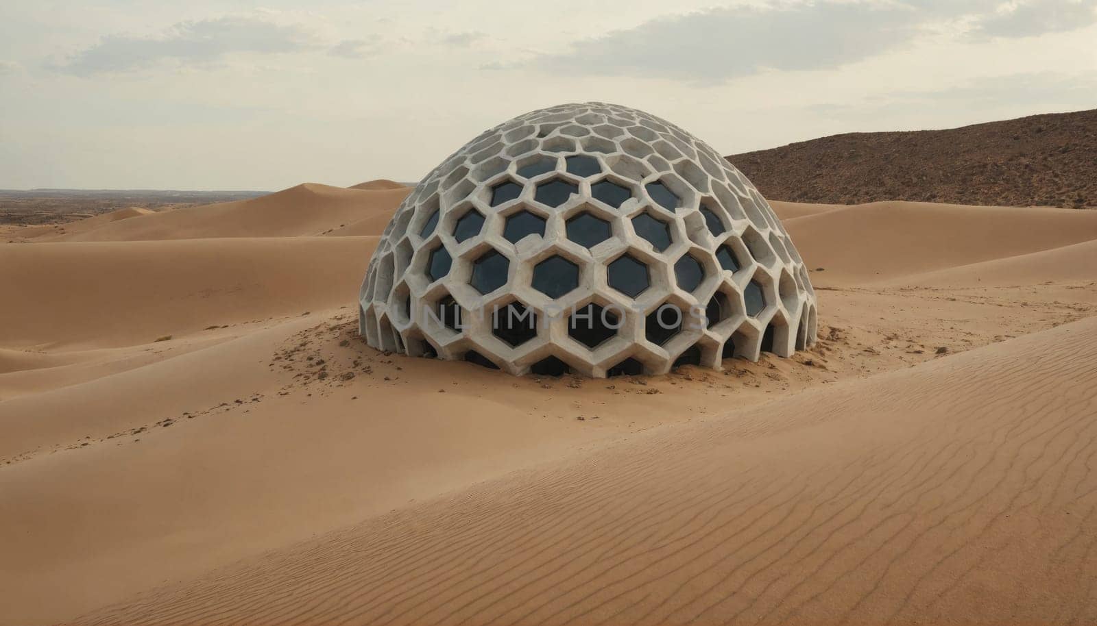 A large, hexagonal dome sits partially buried in a sandy desert landscape. The dome is made of concrete or stone and has a honeycomb pattern.