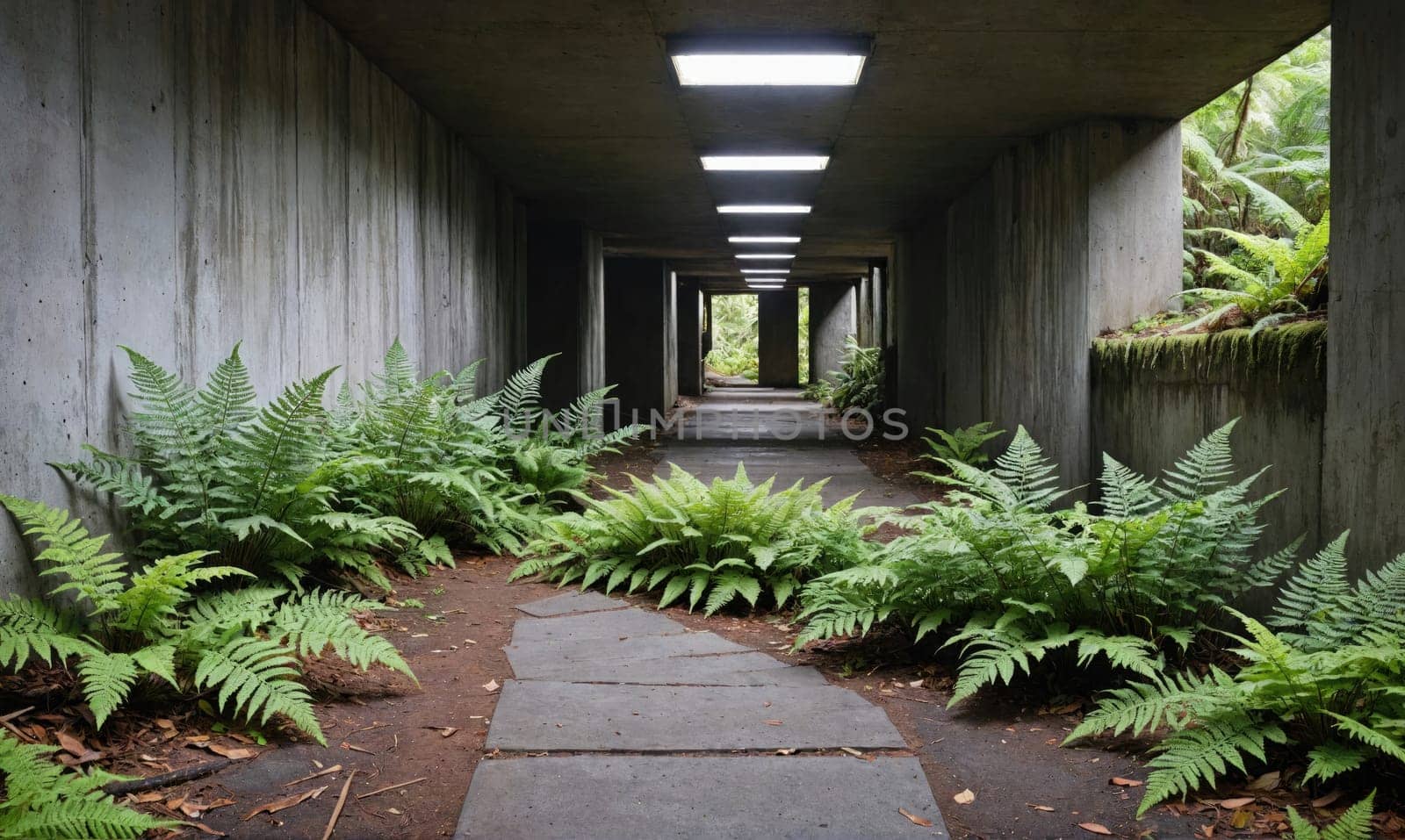 A stone path lined with ferns leads through a concrete tunnel with overhead fluorescent lights. The tunnel is surrounded by concrete walls, and the path is surrounded by ferns on both sides.