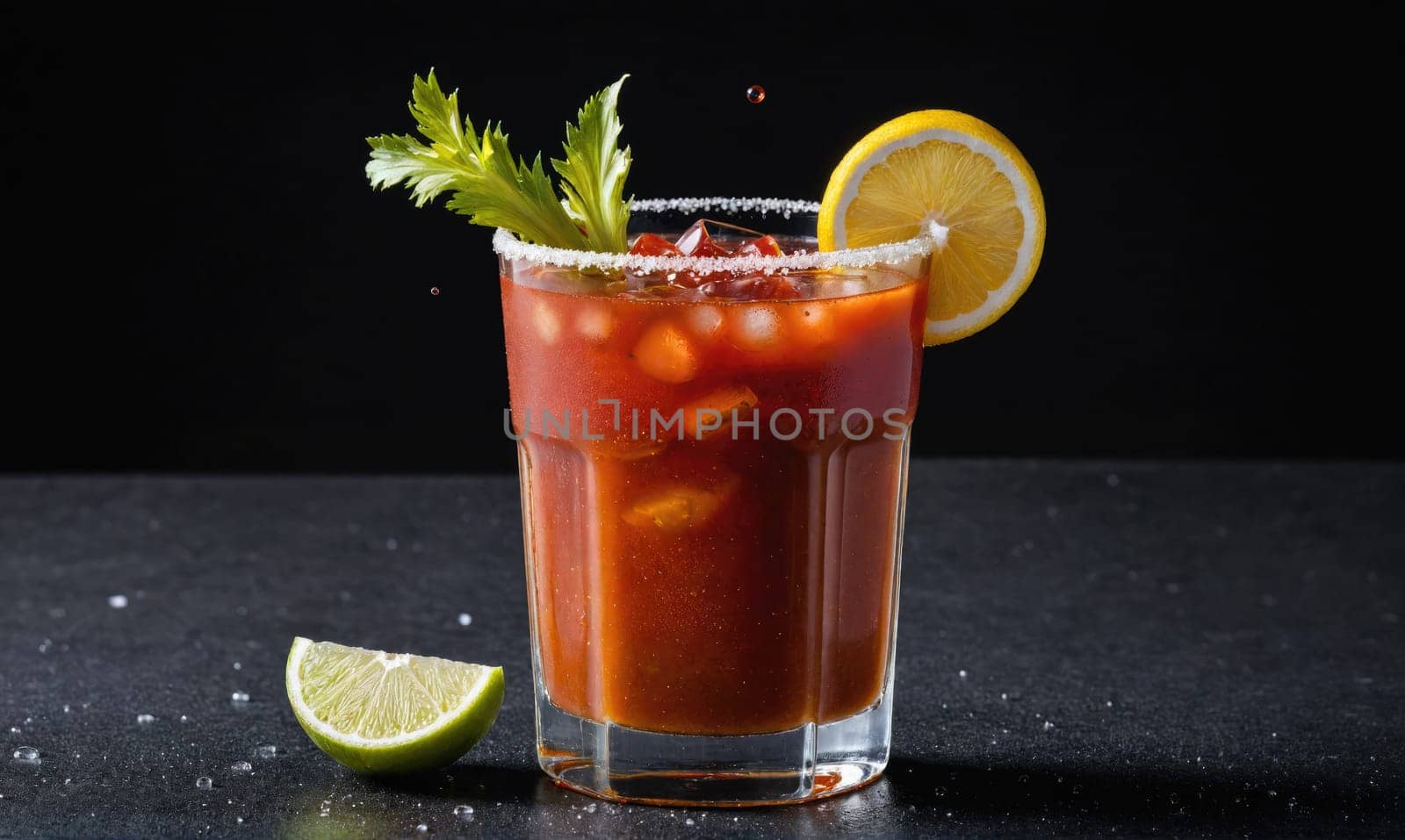A glass of Bloody Mary with ice, a lemon wedge, and a stalk of celery garnishing the rim of the glass. The glass sits on a black surface and a lime wedge is in the foreground.
