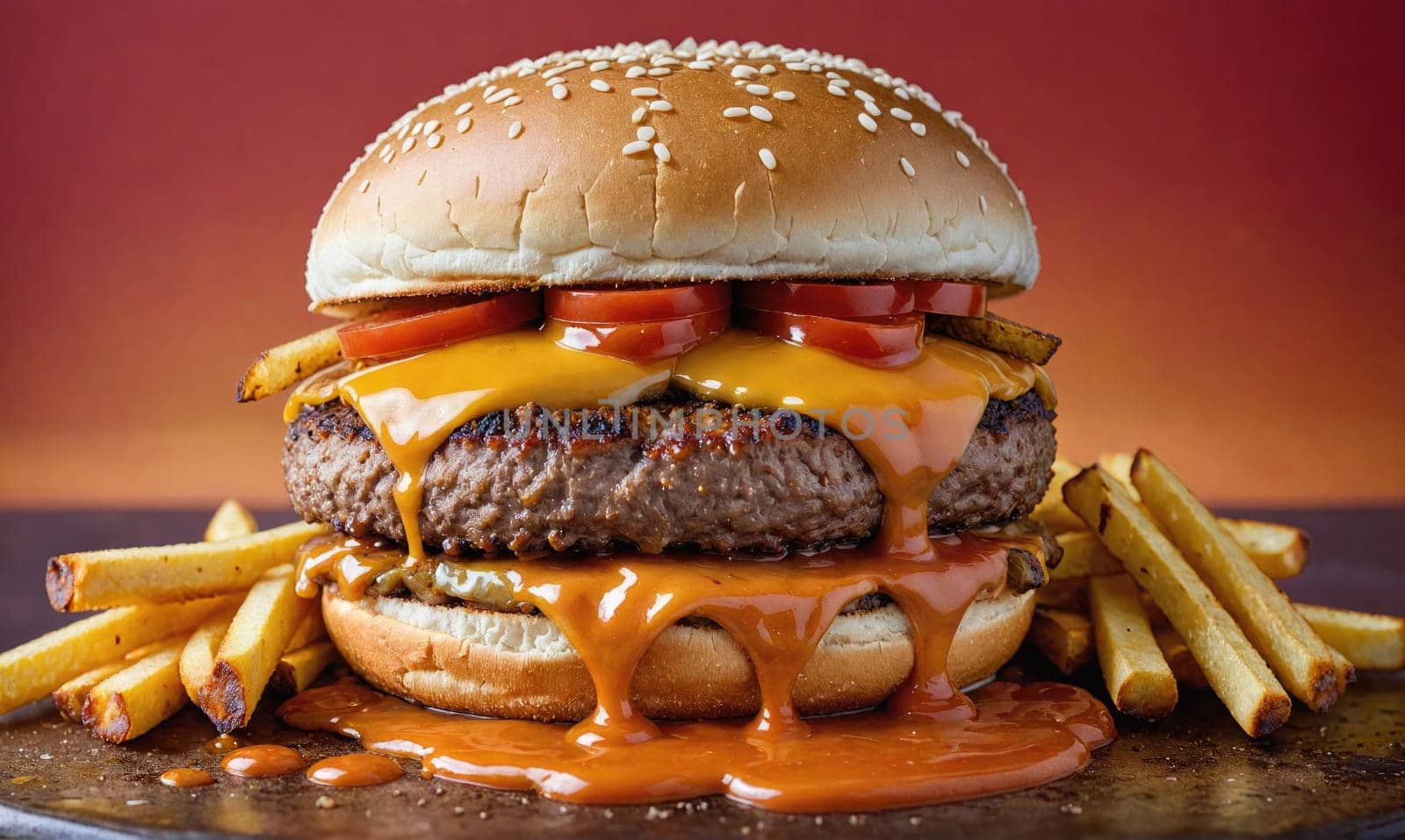 A cheeseburger with two patties, cheese, and tomato is piled high with fries on the side. The burger is covered in a sauce.
