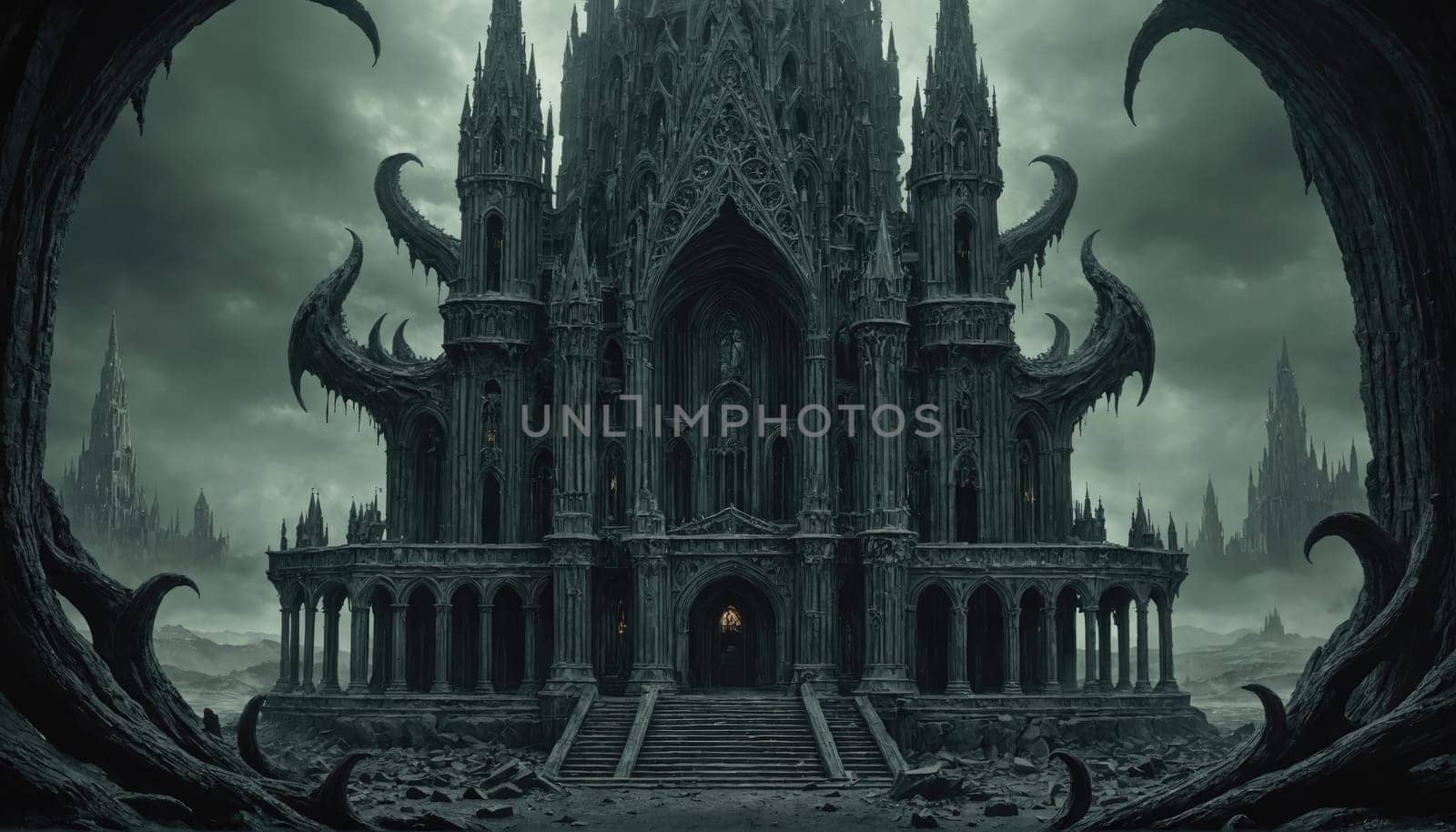 A large, imposing cathedral with intricate details is framed by looming, twisted branches. The structure has a sense of age and neglect, with weathered stone and crumbling walls.
