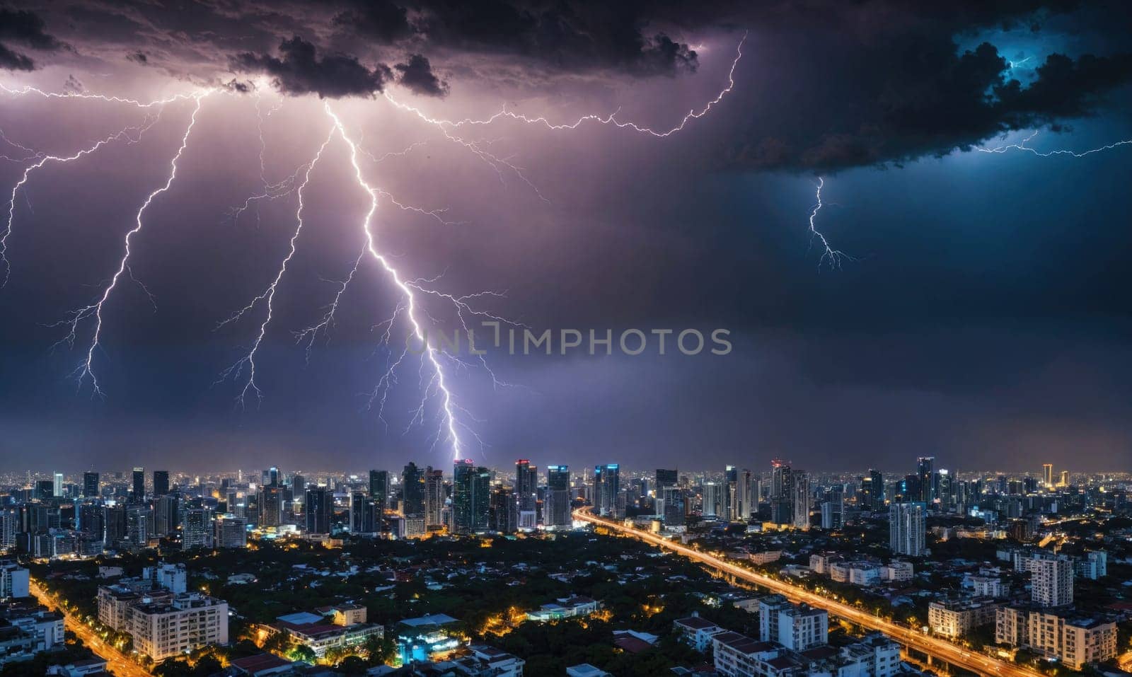 A city skyline at night is illuminated by lightning strikes. The storm clouds are dark and ominous, but the city lights below continue to shine.