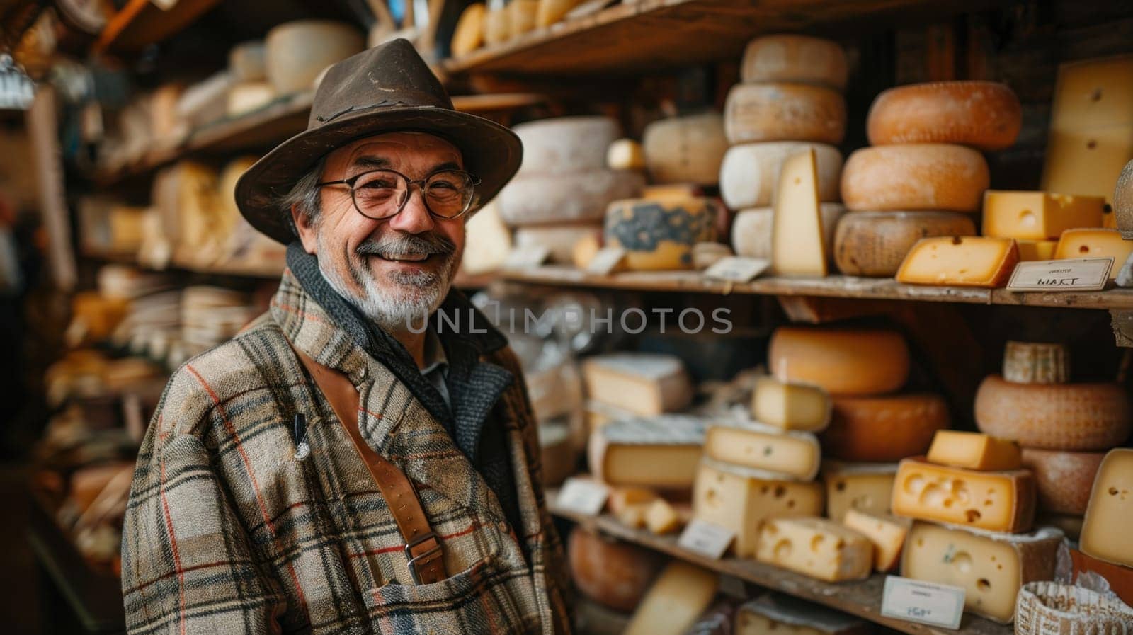 Portrait of a cheese maker in a cellar with cheeses on the shelves . the cheese heads are laid out on wooden shelves, the cooking process is homemade.