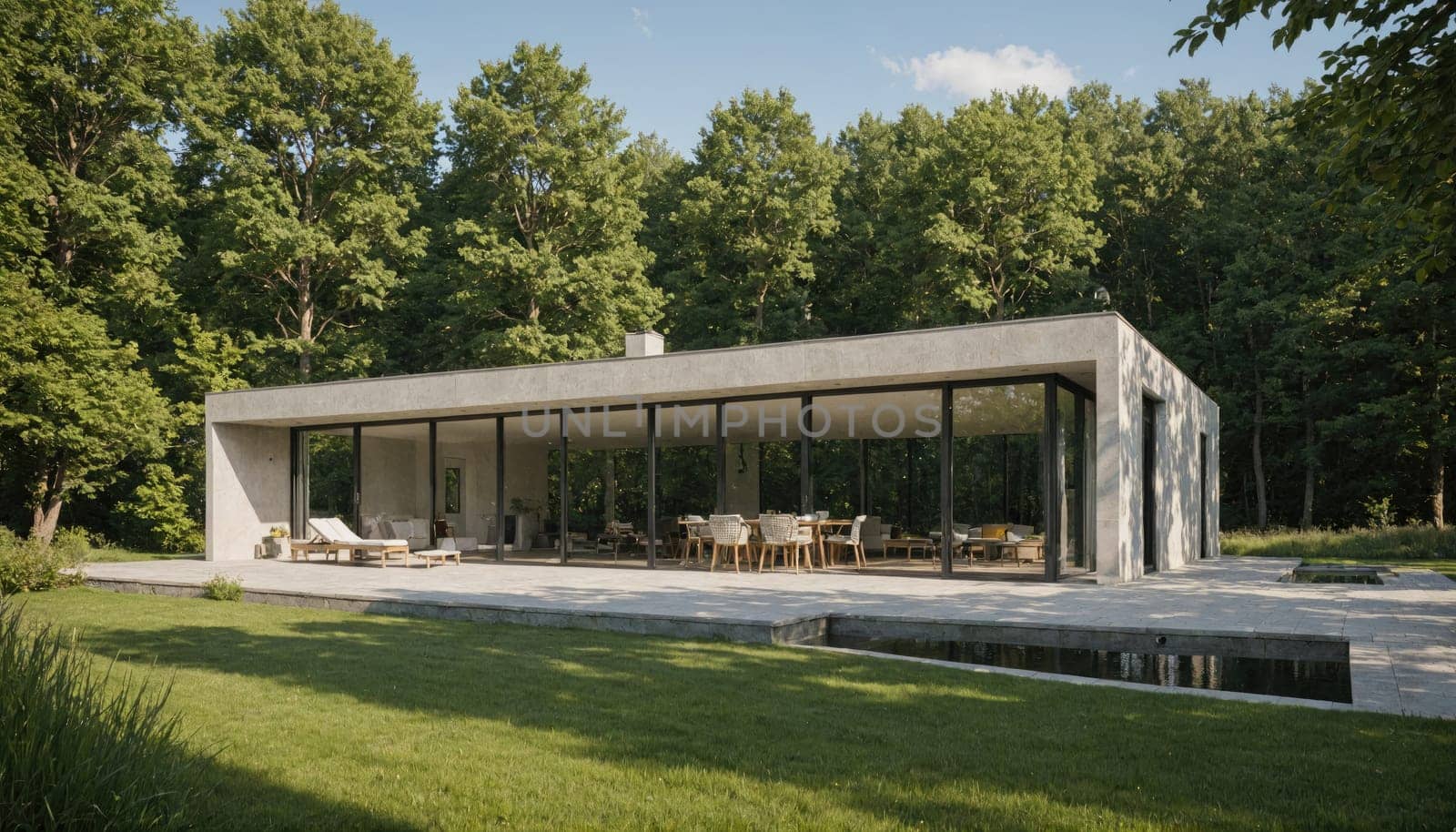 A modern, minimalist home with large windows is surrounded by trees and a grassy lawn. A small swimming pool can be seen in the foreground.