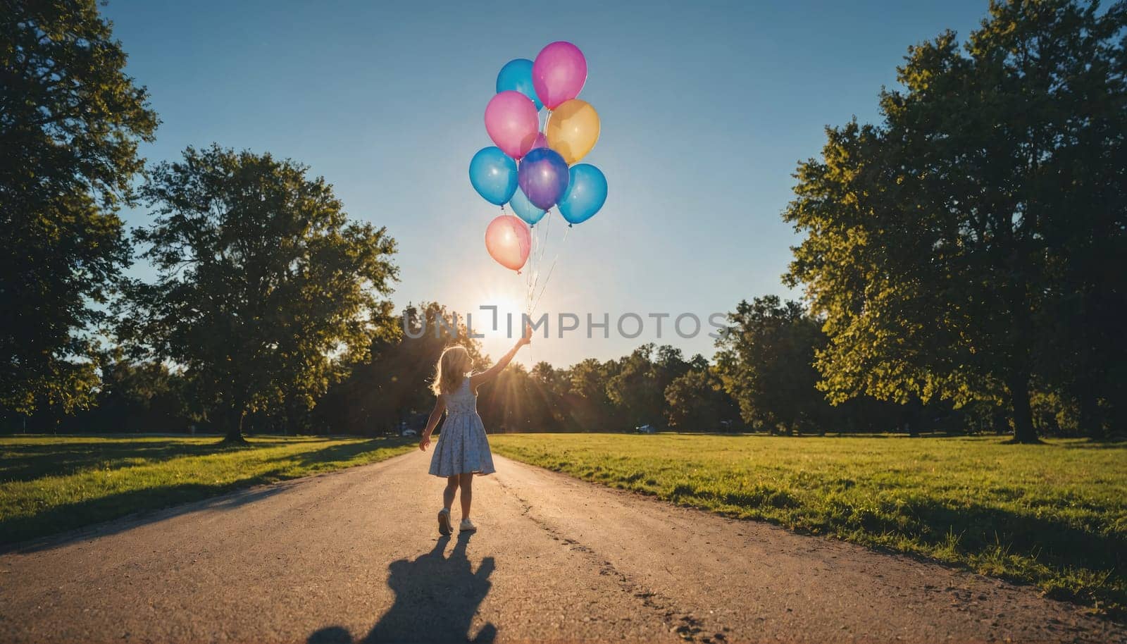A young girl wearing a light blue dress walks down a dirt road on a sunny afternoon. She is holding a bunch of brightly colored balloons.