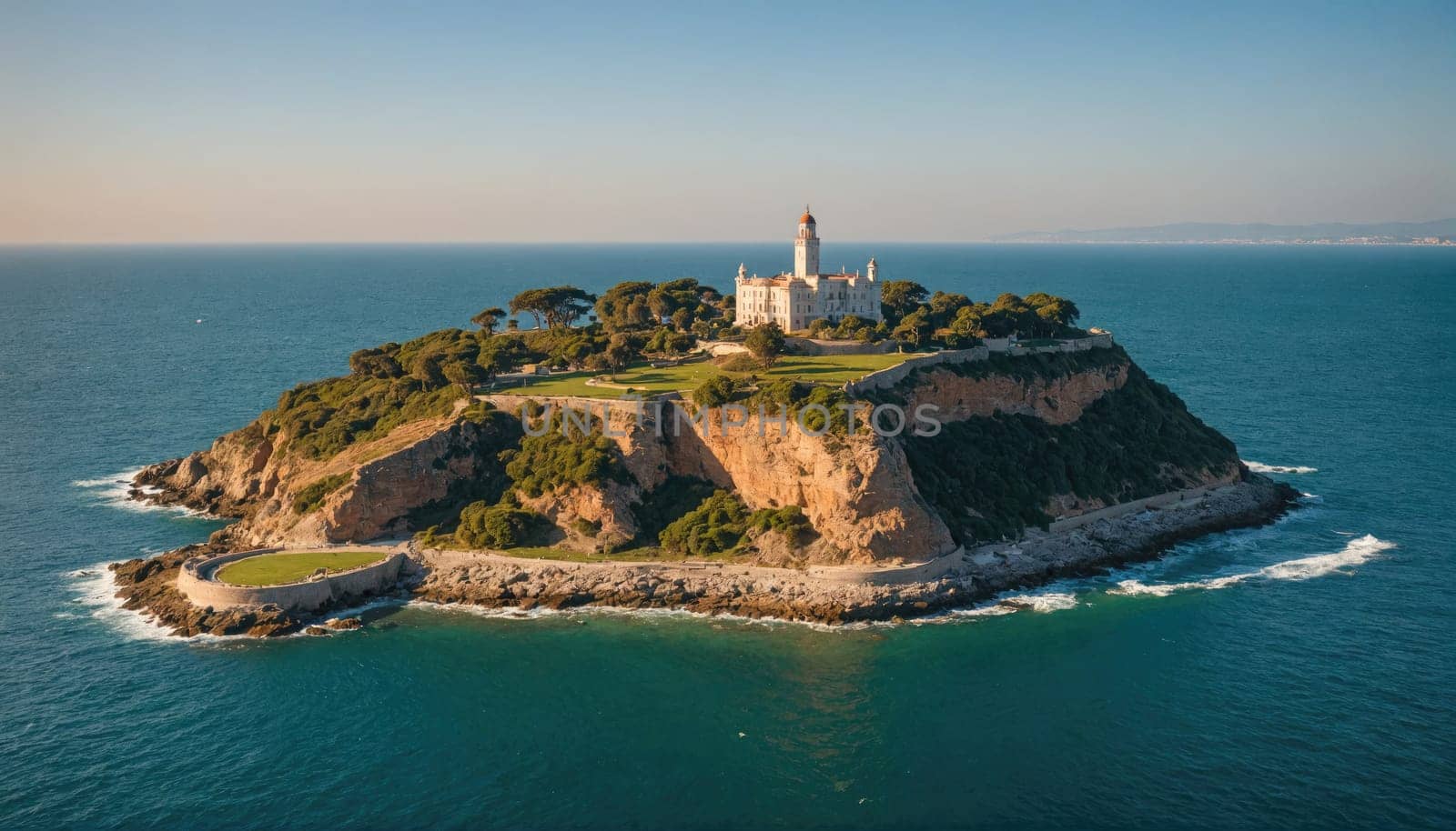 A small, rocky island with a white building sits in the middle of the blue ocean. Green trees and vegetation cover the island's slopes, creating a contrast with the blue sky above.