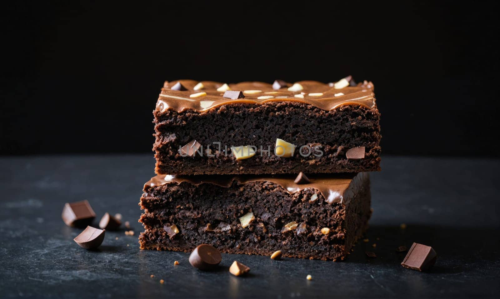 A close-up of two rich, fudgy brownies stacked on a black surface. The brownies are topped with chocolate chips and have a glossy finish. Chocolate chips are scattered around the brownies.