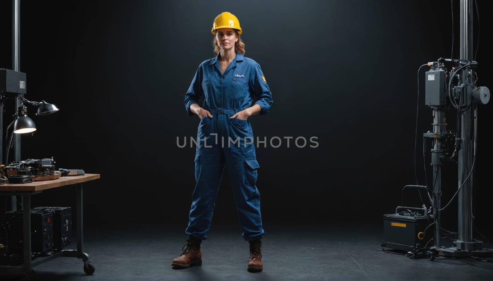 A woman with short brown hair wearing a yellow hard hat and blue overalls stands in a dark studio setting. She is looking at the camera with her hands in her pockets.