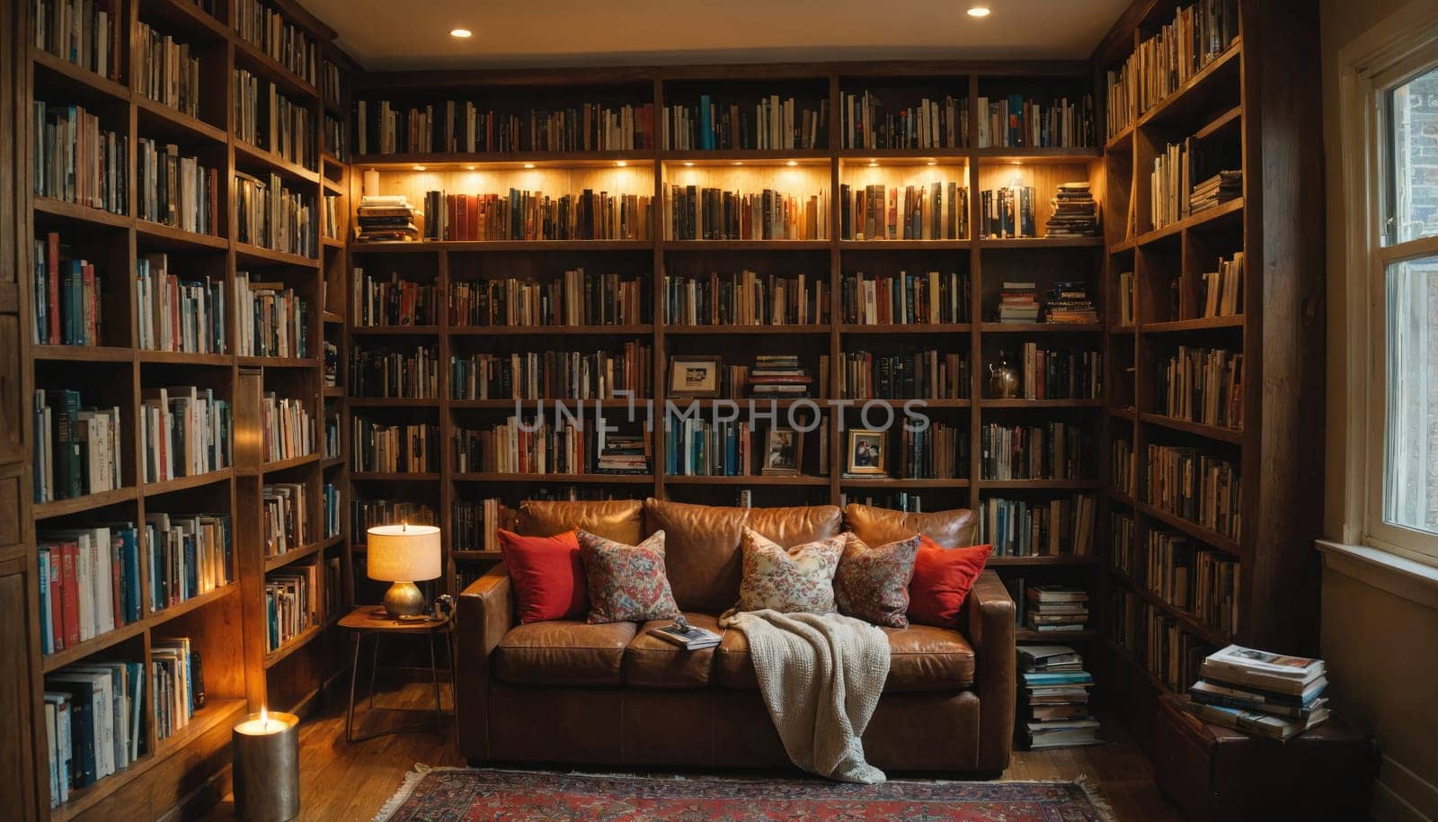 A leather couch sits in front of a large bookshelf with a window in the background. There is a lamp and a stack of books on the floor.