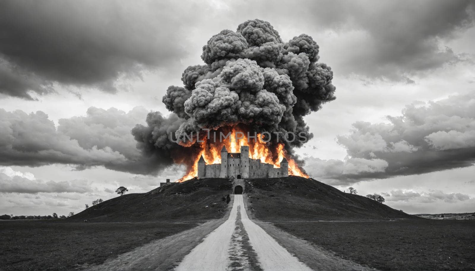 A large castle sits on a hill, surrounded by a massive cloud of black smoke. Flames are visible around the base of the castle, and the smoke is billowing upwards.