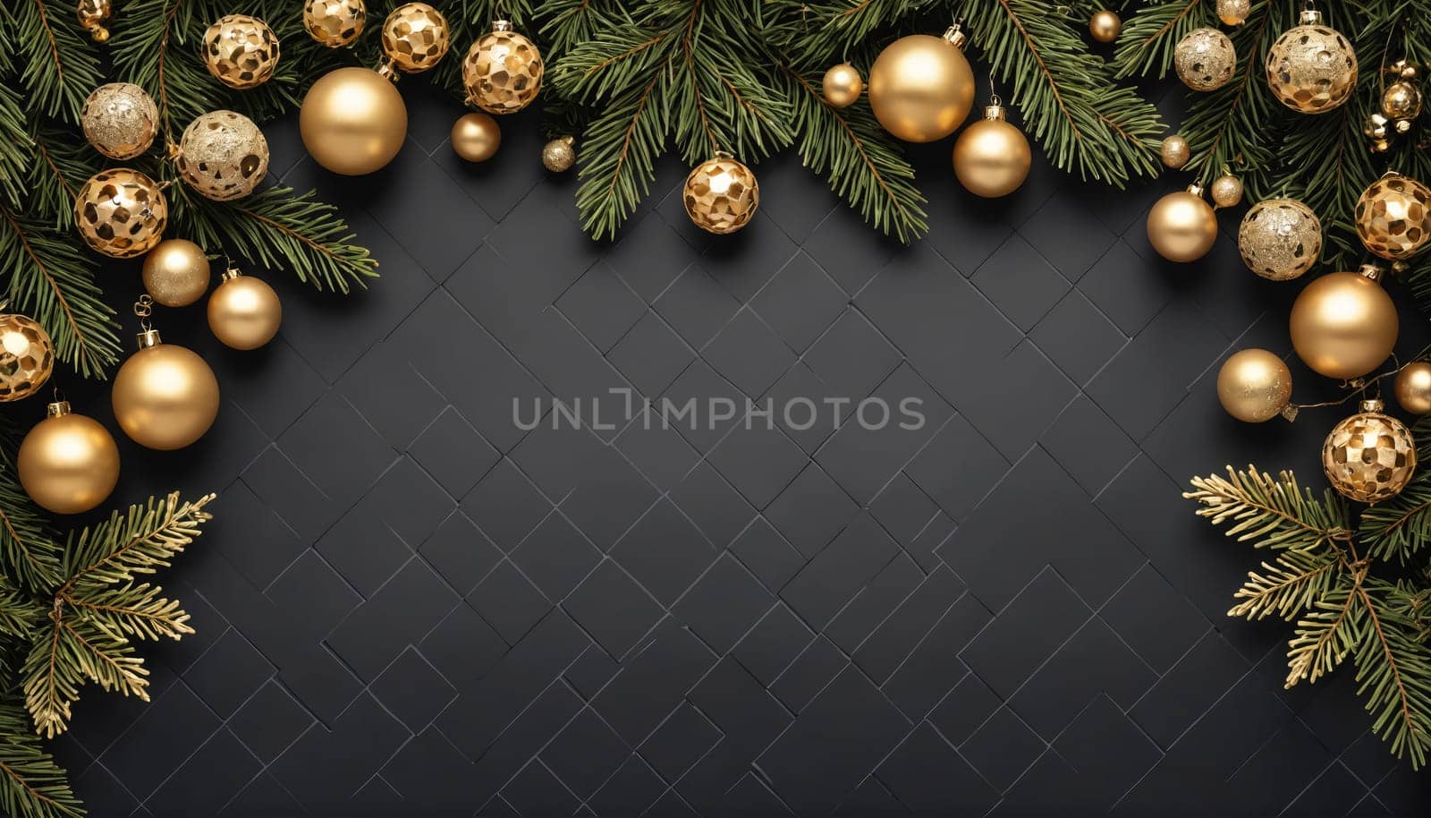 A black background with a border of gold ornaments and pine branches on the top and right sides.