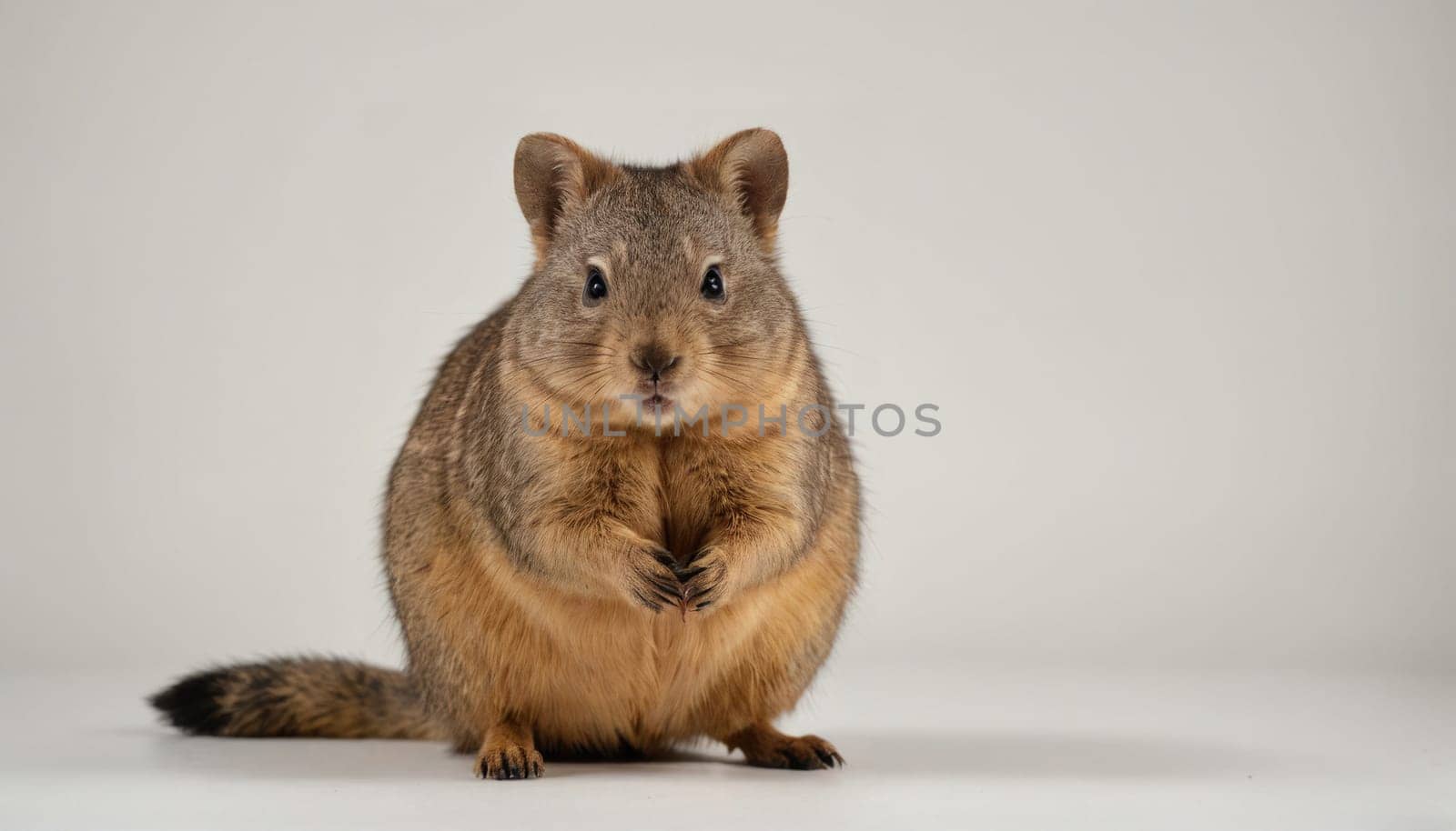 A quokka sits upright, its front paws clasped together, and stares intently at the camera. It has a fluffy brown tail that is spread out behind it, and its fur is a mix of brown and gray.
