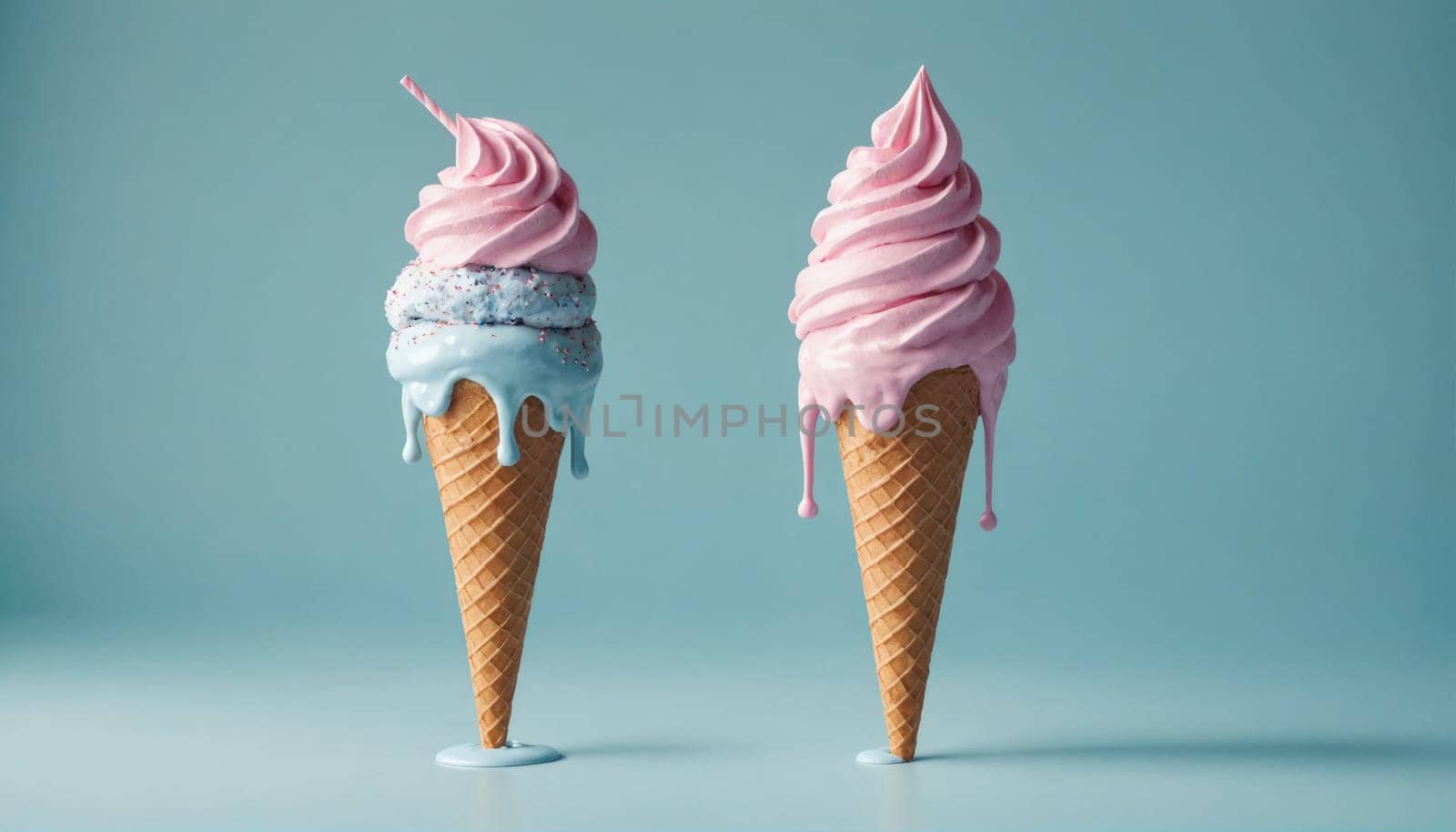 Two ice cream cones, one with pink ice cream and the other with blue ice cream, are melting in front of a light blue background. The ice cream is dripping down the sides of the cones.