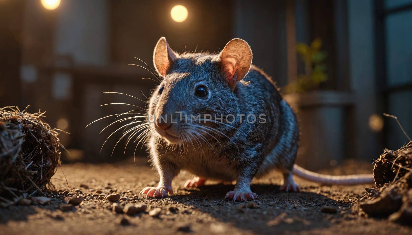 A close-up of a gray rat, illuminated by a bright light, standing on a dirt floor. The rat's fur is gray and brown, and it has large ears and a long, white tail.