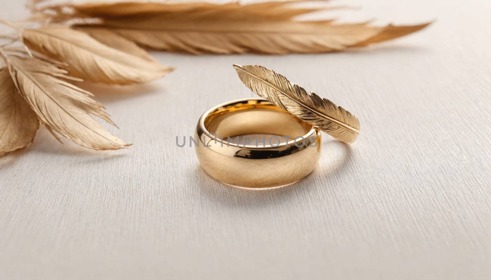 A gold wedding band and a gold feather lay on a white surface, surrounded by other gold feathers.