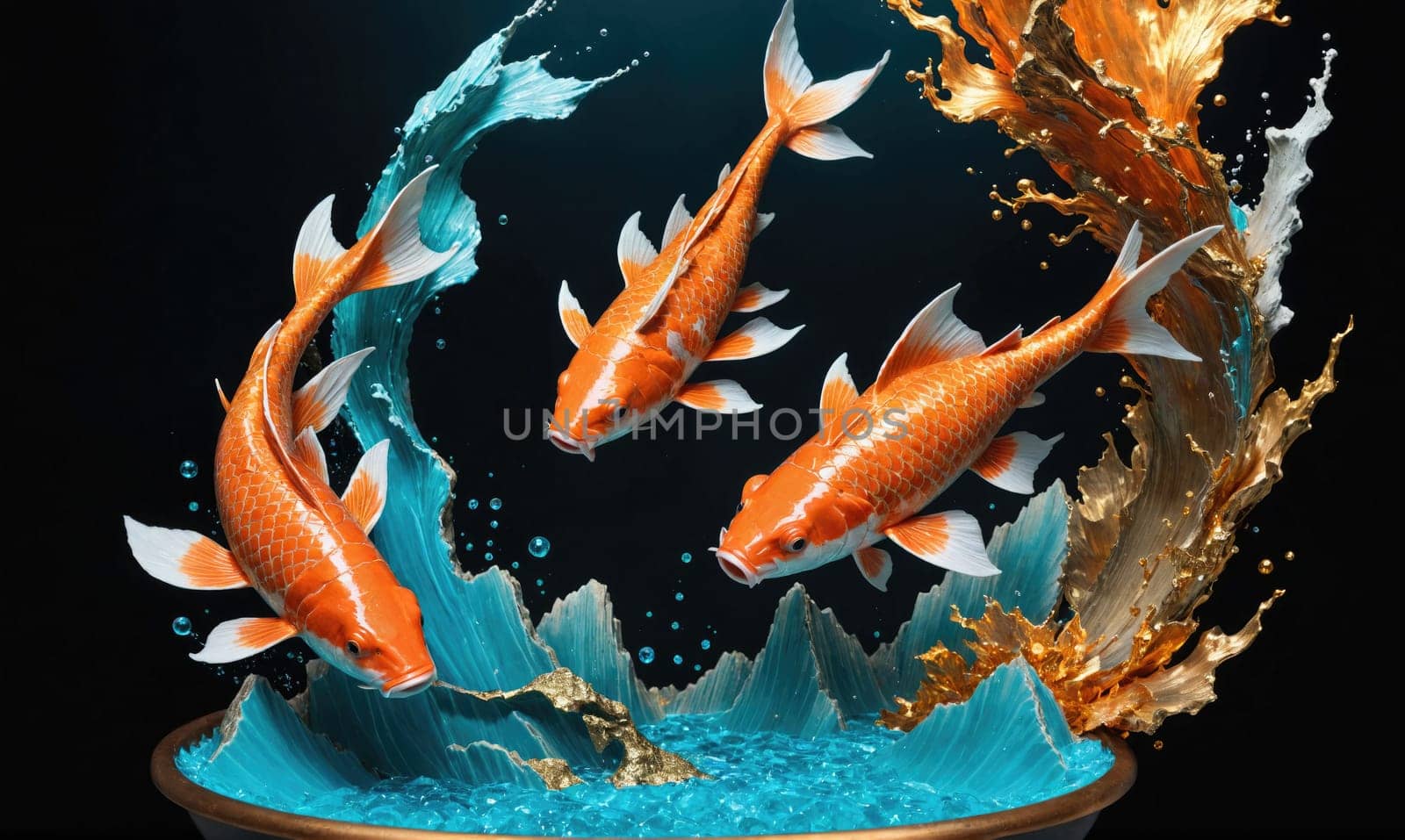 Three orange koi fish jump from a pool of blue and gold water. The fish are in mid-air, with their fins spread out. The water is splashing around them, creating a beautiful and dynamic scene.