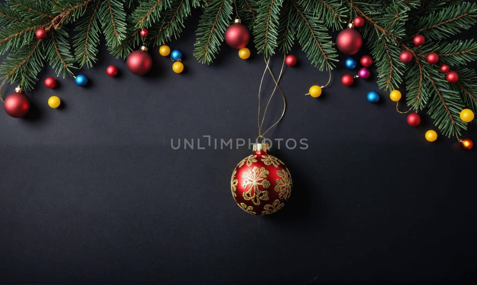 A single, red Christmas ornament with gold detailing hangs on a string. The ornament hangs below a fir branch with pine needles that are partially covering the frame.