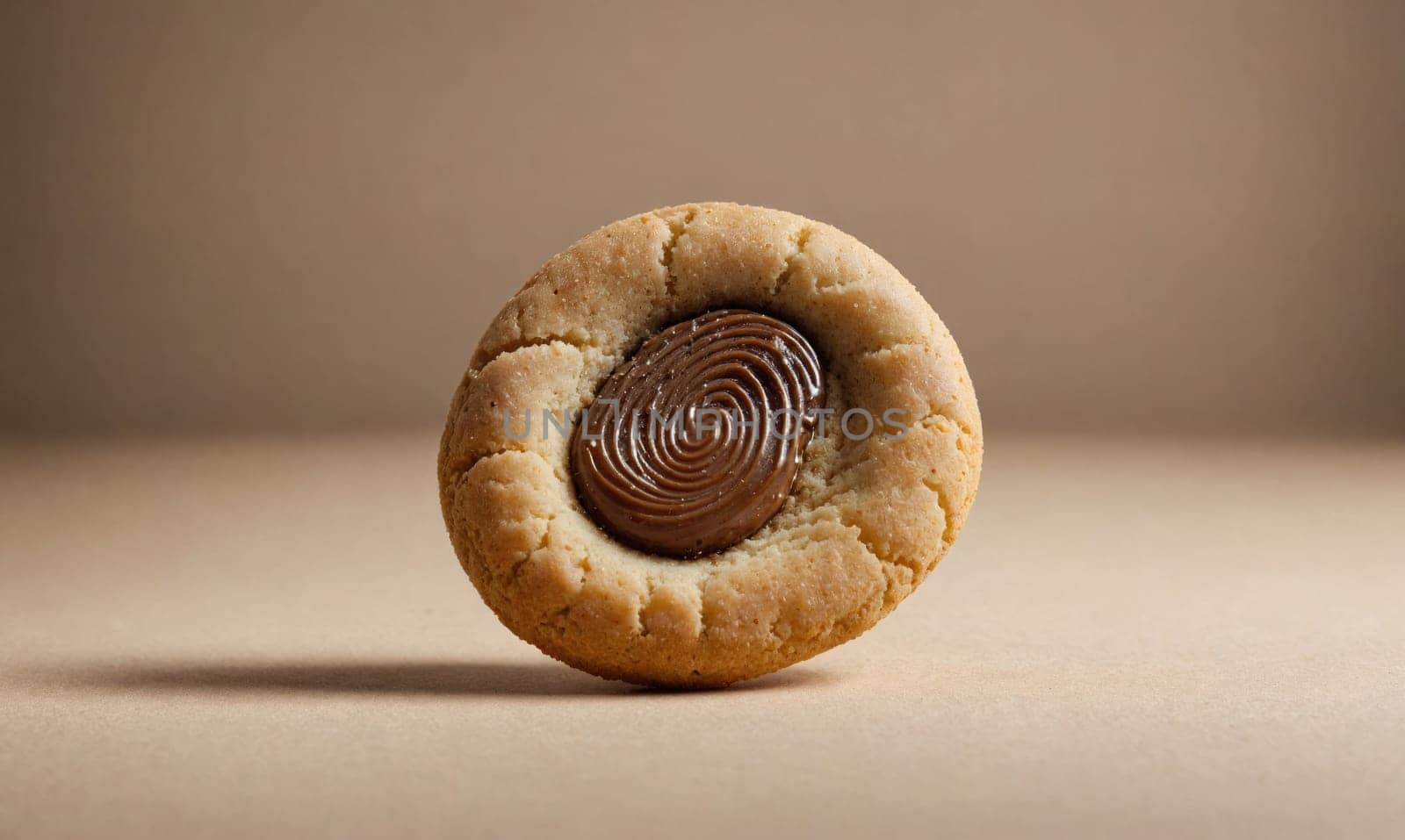 A round, golden-brown cookie with a chocolate center is shown on a plain background. The chocolate center has a swirling pattern. The cookie is resting on a smooth, light brown surface.