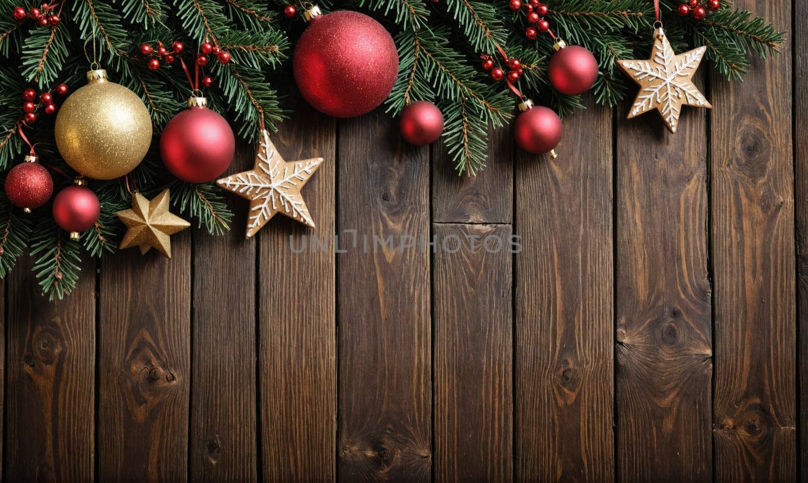 A garland of evergreen branches adorned with red and gold ornaments and gold stars lies horizontally across a wooden surface.