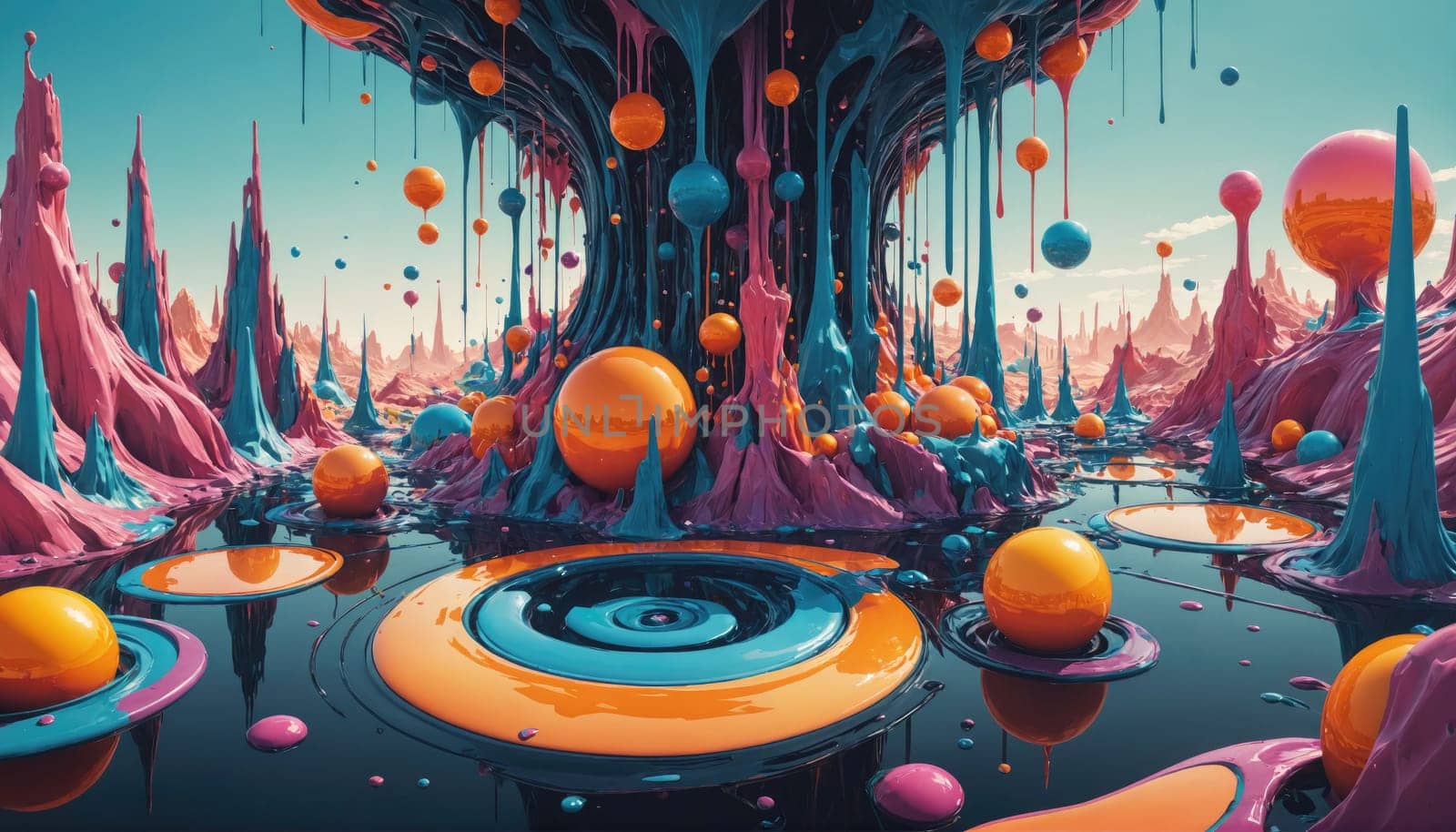 A digital illustration depicting a landscape with towering, colorful spires and large, spherical objects floating in a pool of water.