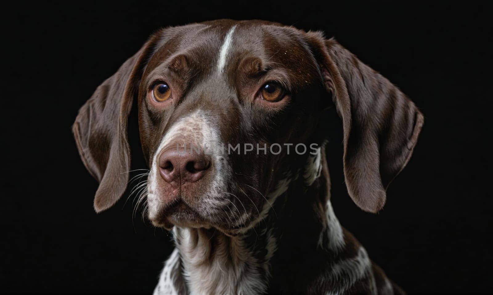 A German Shorthaired Pointer, with black and white fur, looks directly at the camera. Its ears are perked up, and its eyes are focused. The background is a solid black.