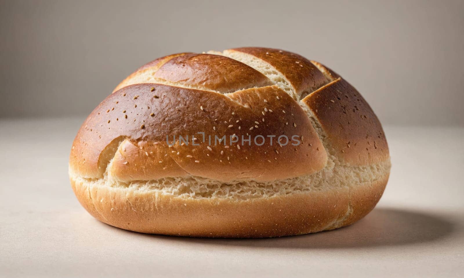 A single loaf of bread rests on a plain white surface. The bread is a light brown color and has a soft, fluffy texture. It appears to have been freshly baked.
