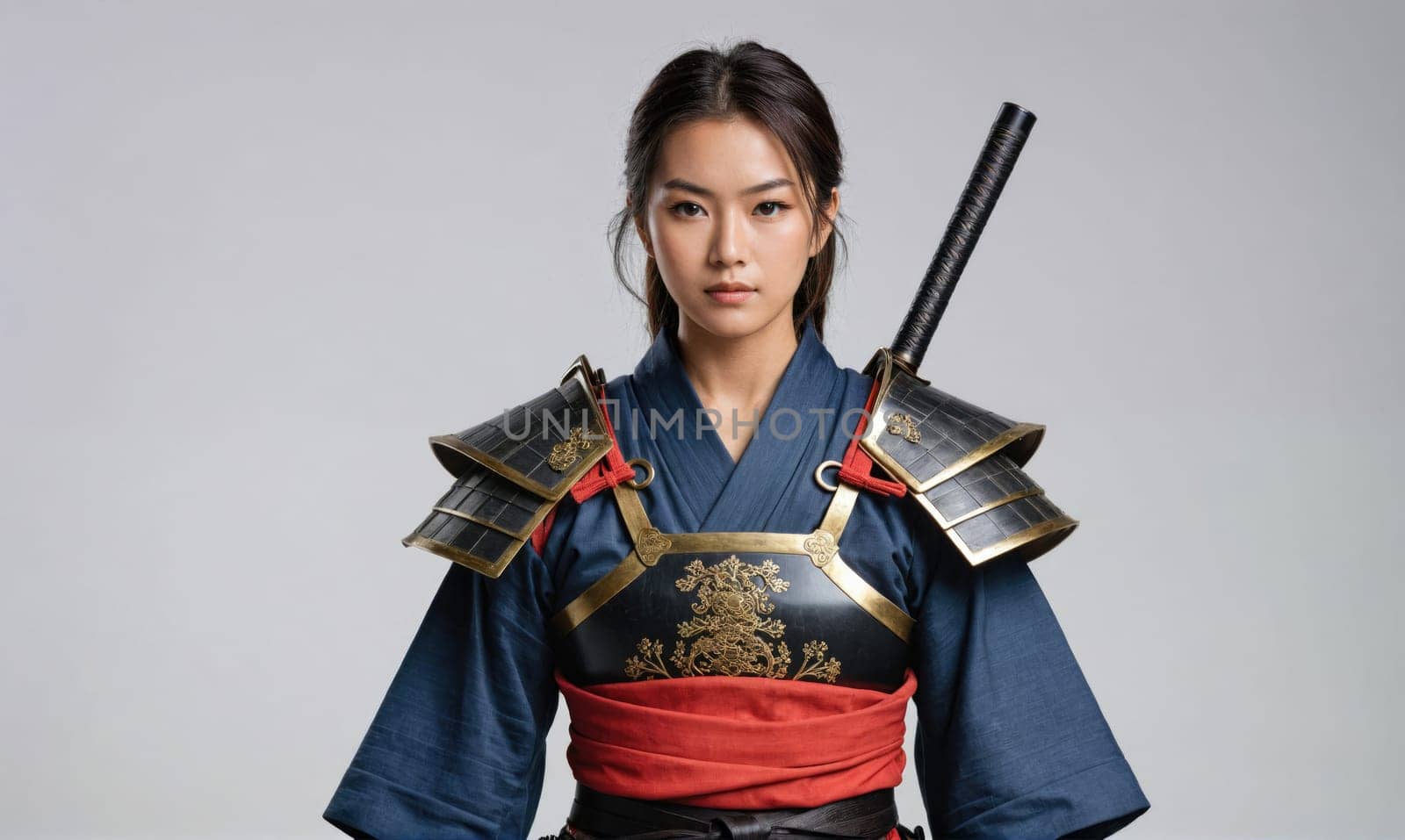 A woman wearing samurai armor stands in front of a gray backdrop. She is wearing a dark blue robe, red sash, and ornate armor plates.