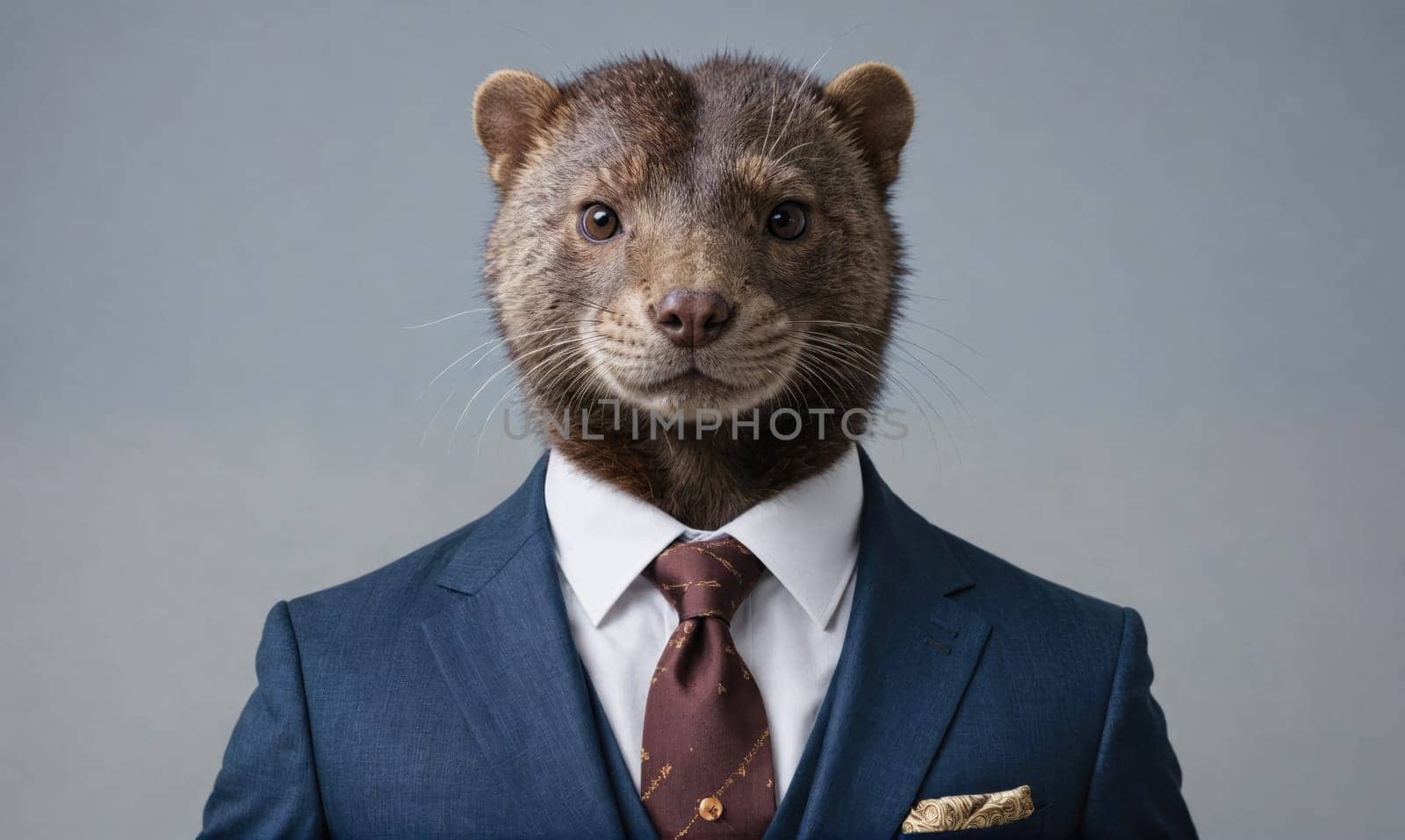 A weasel with a serious expression is wearing a blue suit, white shirt, and brown tie.