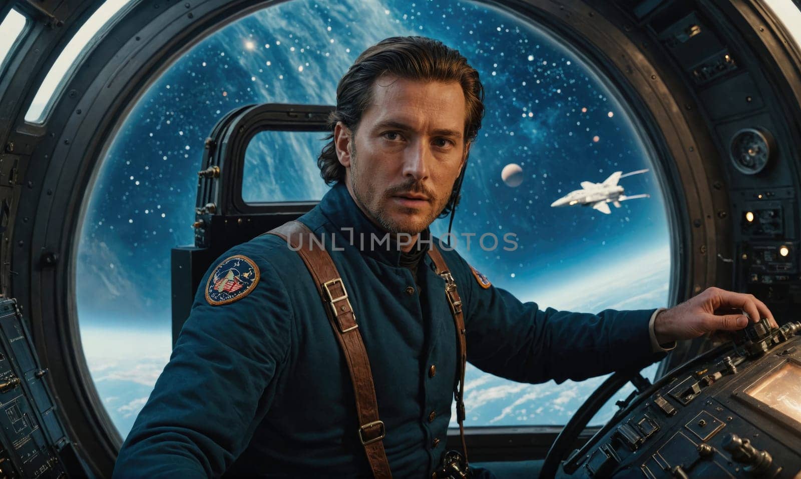 A man wearing a blue jumpsuit with leather suspenders sits in the cockpit of a spaceship.