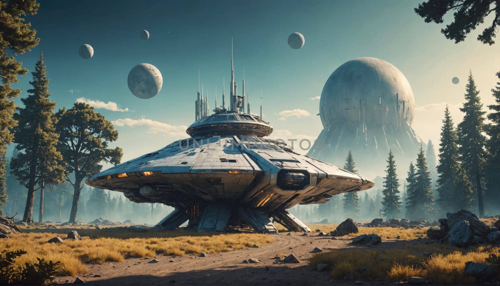 A large, round alien planet with buildings and structures on its surface looms in the background of this image. A futuristic spaceship sits in the foreground, surrounded by trees and a dusty path.
