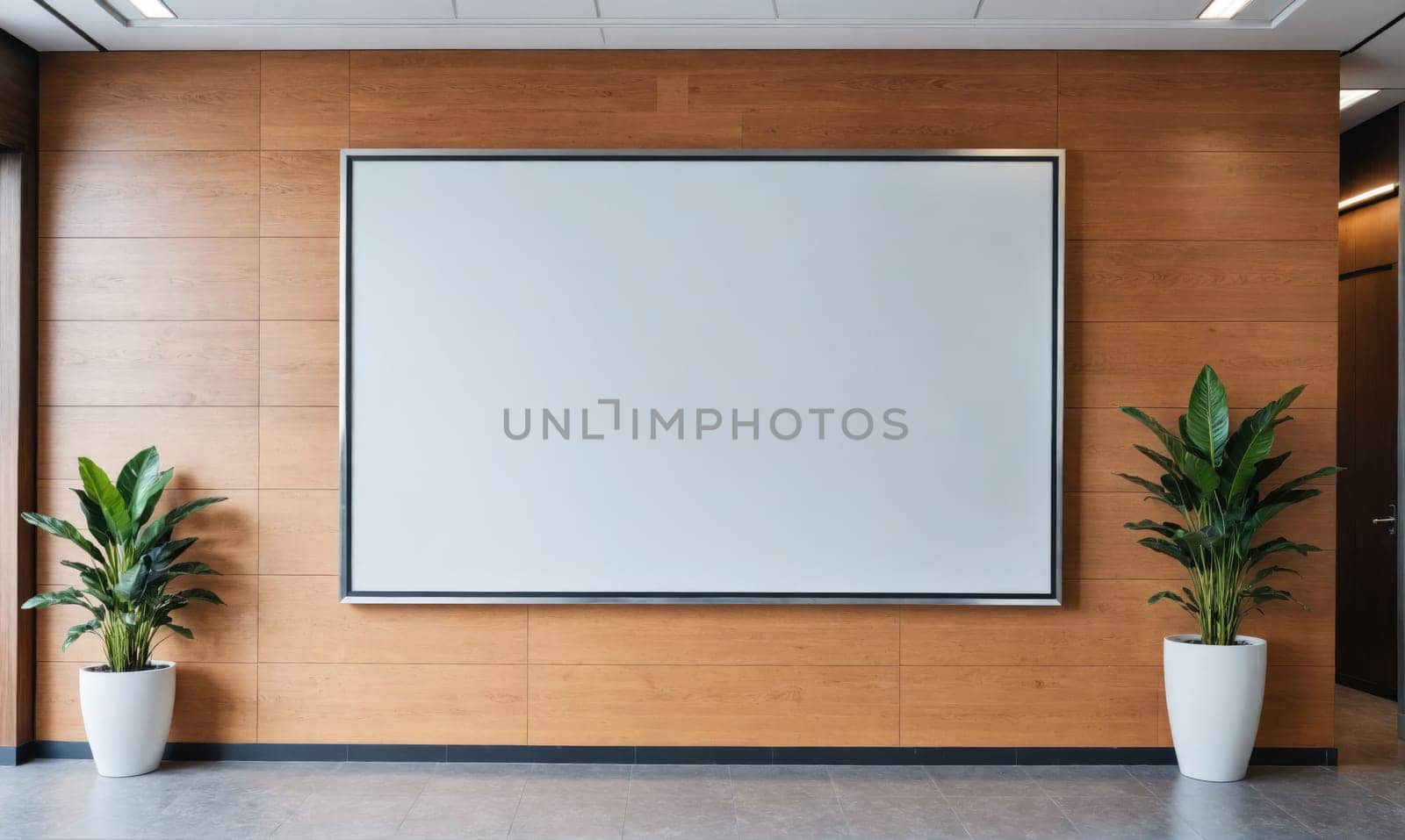A large projector screen is mounted on a wood-paneled wall in a modern office building. There are two potted plants on either side of the screen, and the floor is a light gray concrete.