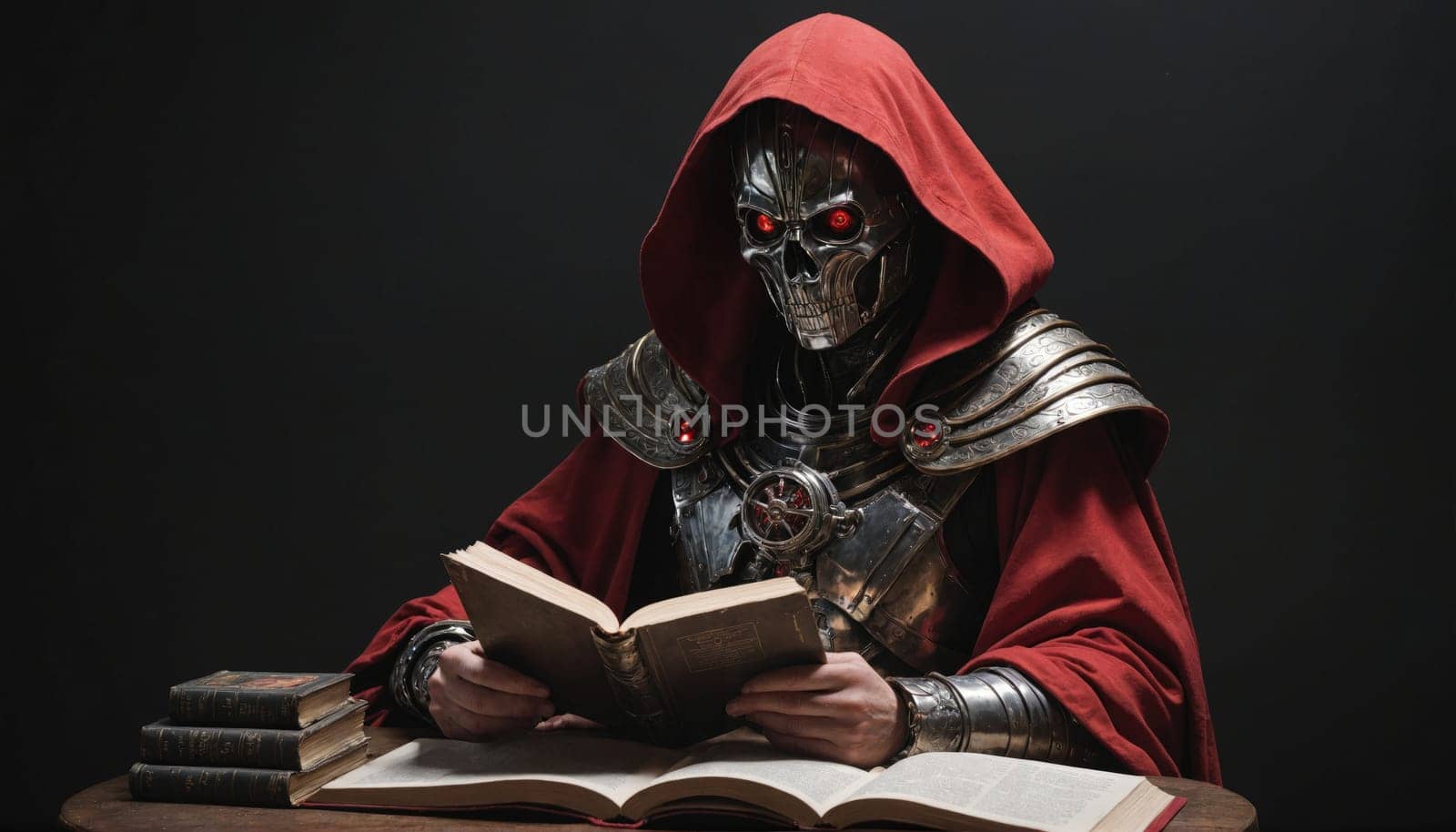 A figure with a skeletal face and red glowing eyes, wearing a red robe and metallic armor, sits at a table reading a book. The room is dark and the figure is the only source of light.