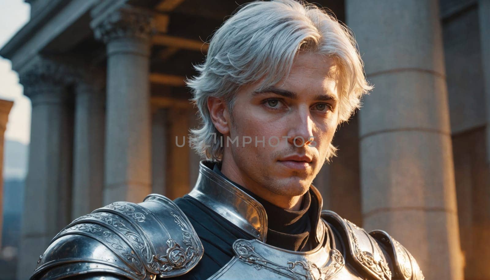 A young man with silver hair, wearing ornate armor, stands in front of a marble building. The armor is silver and has intricate designs.