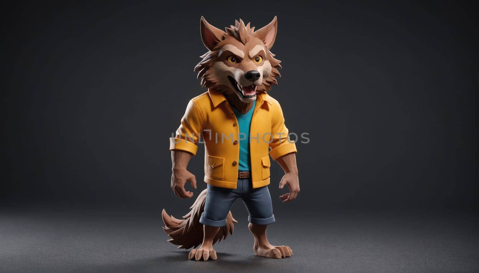 A 3D rendered werewolf wearing a yellow jacket and blue jeans stands on a gray platform against a solid gray background.