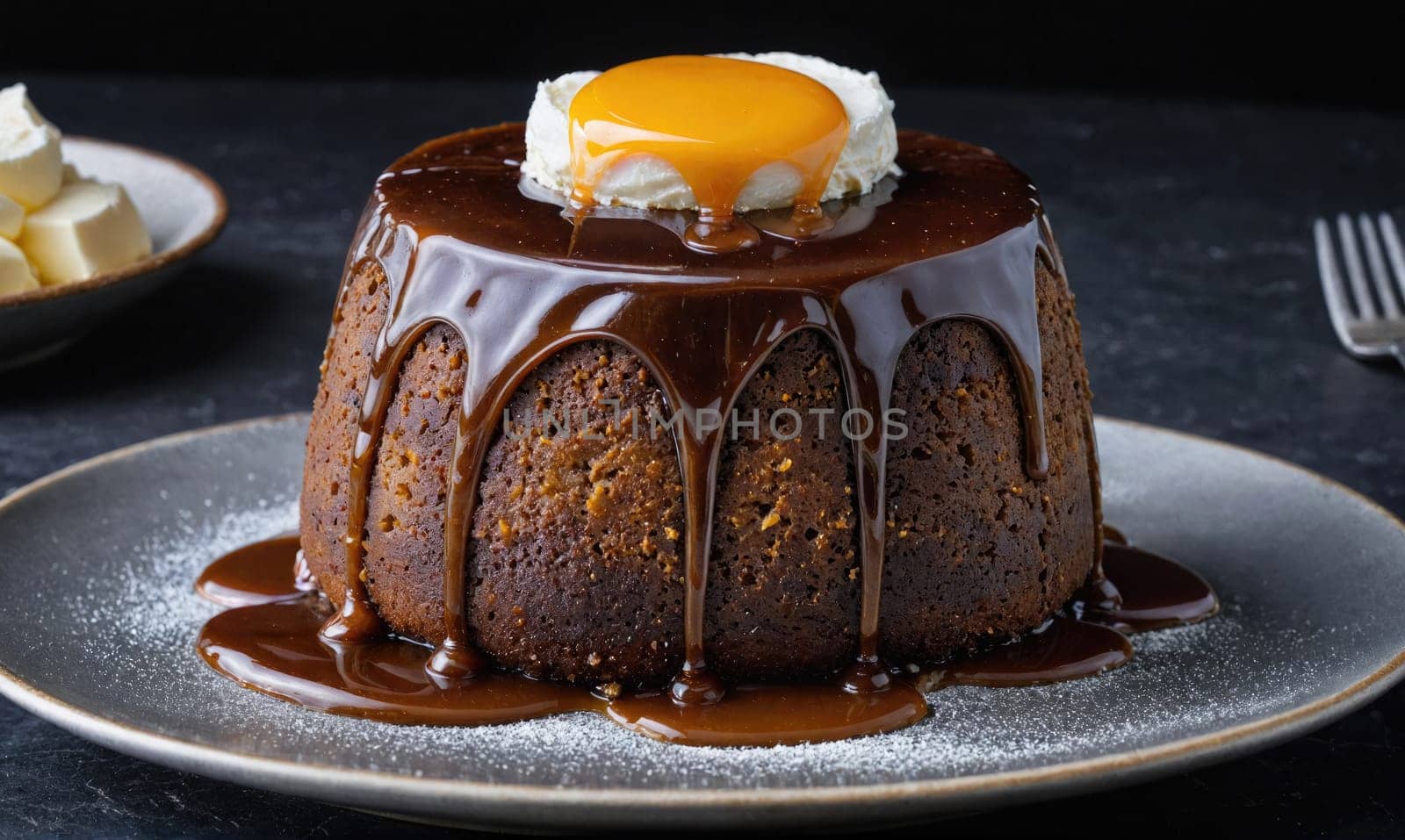 A chocolate pudding sits on a gray plate with a puddle of chocolate sauce. The pudding is topped with a dollop of whipped cream and a drizzle of caramel sauce.