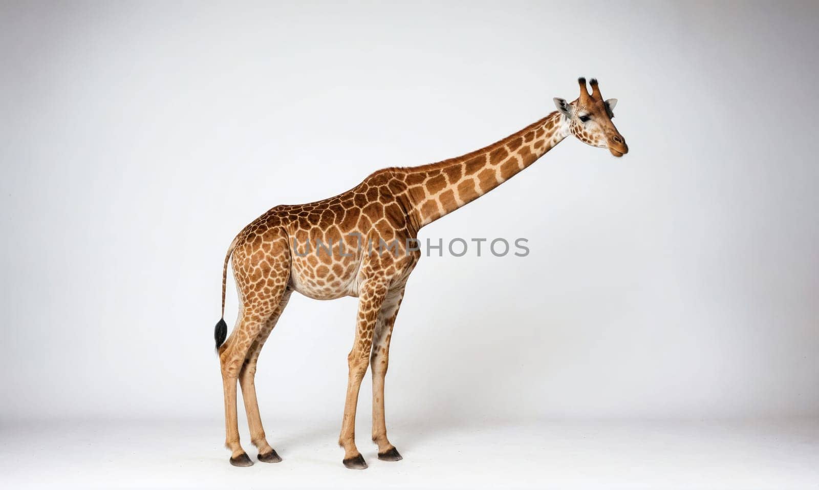 A tall giraffe with a long neck and spotted brown fur stands on a plain white background. It is looking to the side with its head tilted slightly down.