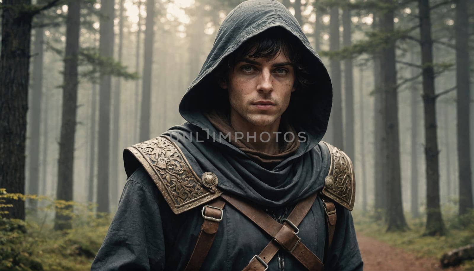 A man in a dark hooded cloak and leather straps stands in a forest, his face partially hidden by the hood. The forest is misty and the man's expression is serious.