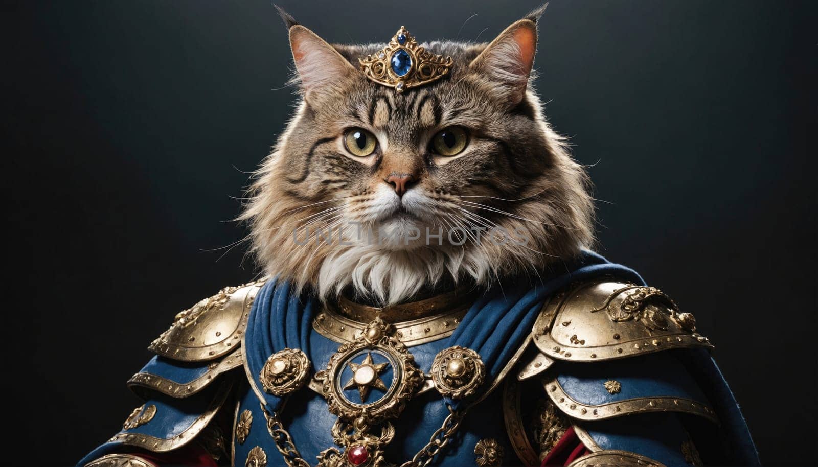 A cat with long, fluffy fur is dressed in gold armor and a blue cape. It wears a jeweled crown on its head and has a serious expression.