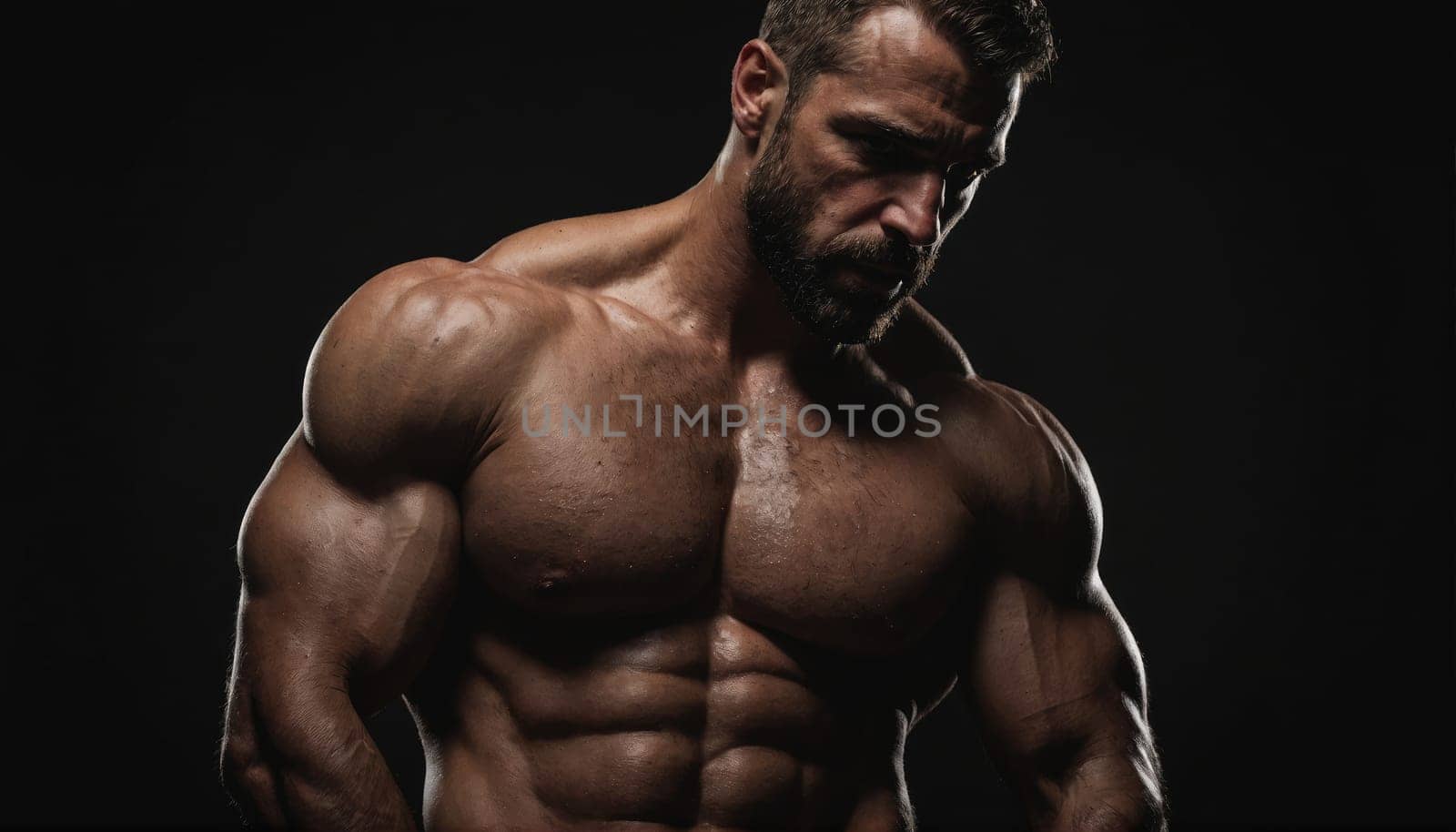 A shirtless man with defined muscles and a beard poses for a photo in a dark studio.