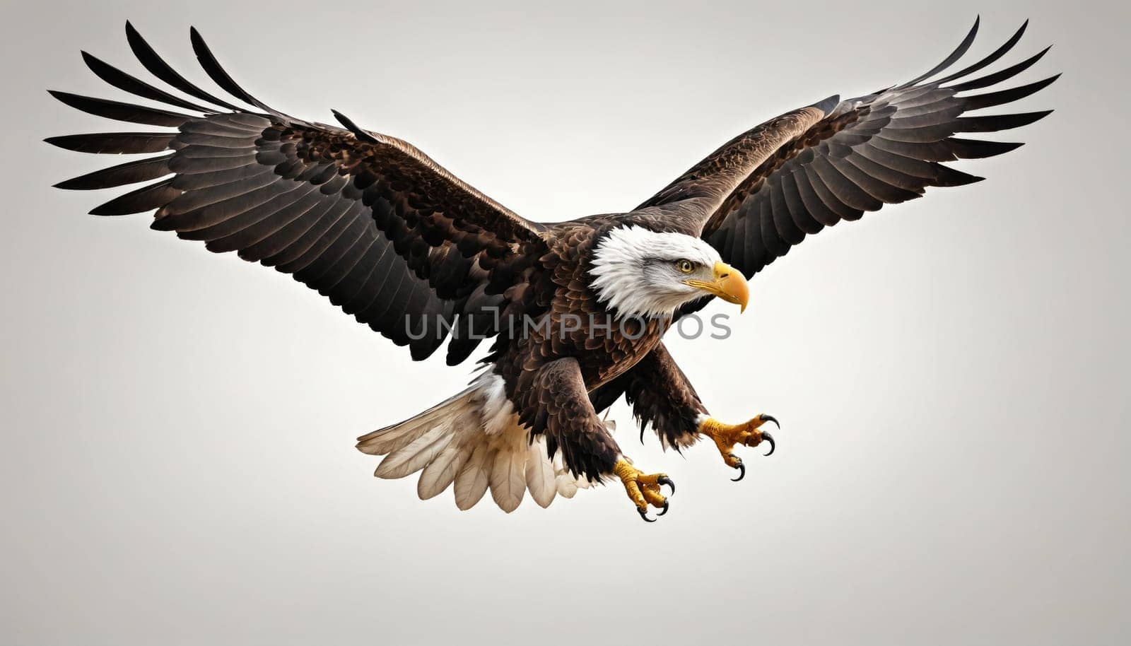 A bald eagle, with its wings outstretched, flies against a white background. The eagle's head and neck are white, with brown feathers covering the rest of its body.