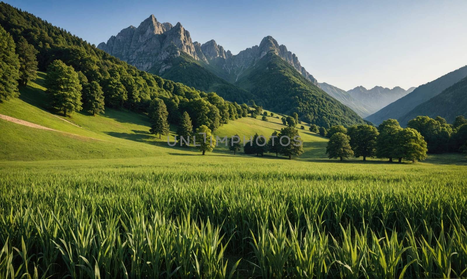 A wide shot of a green grassy valley with rolling hills and tall mountains in the background. The sky is blue with white clouds.