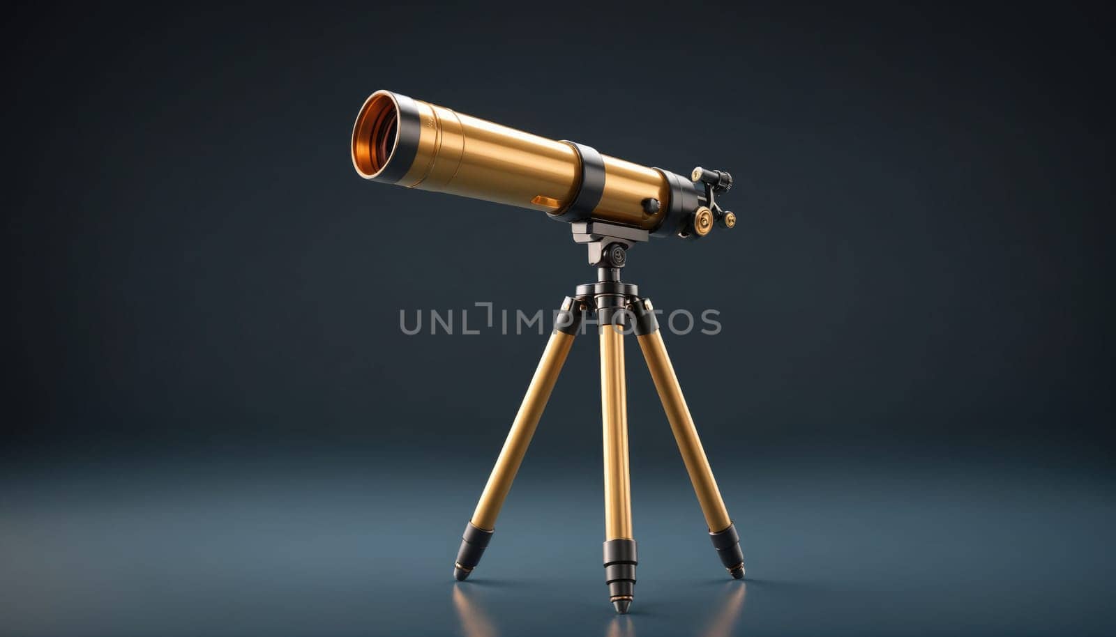 A golden telescope is mounted on a wooden tripod. The telescope is pointed to the right, and the tripod is standing on a blue surface.