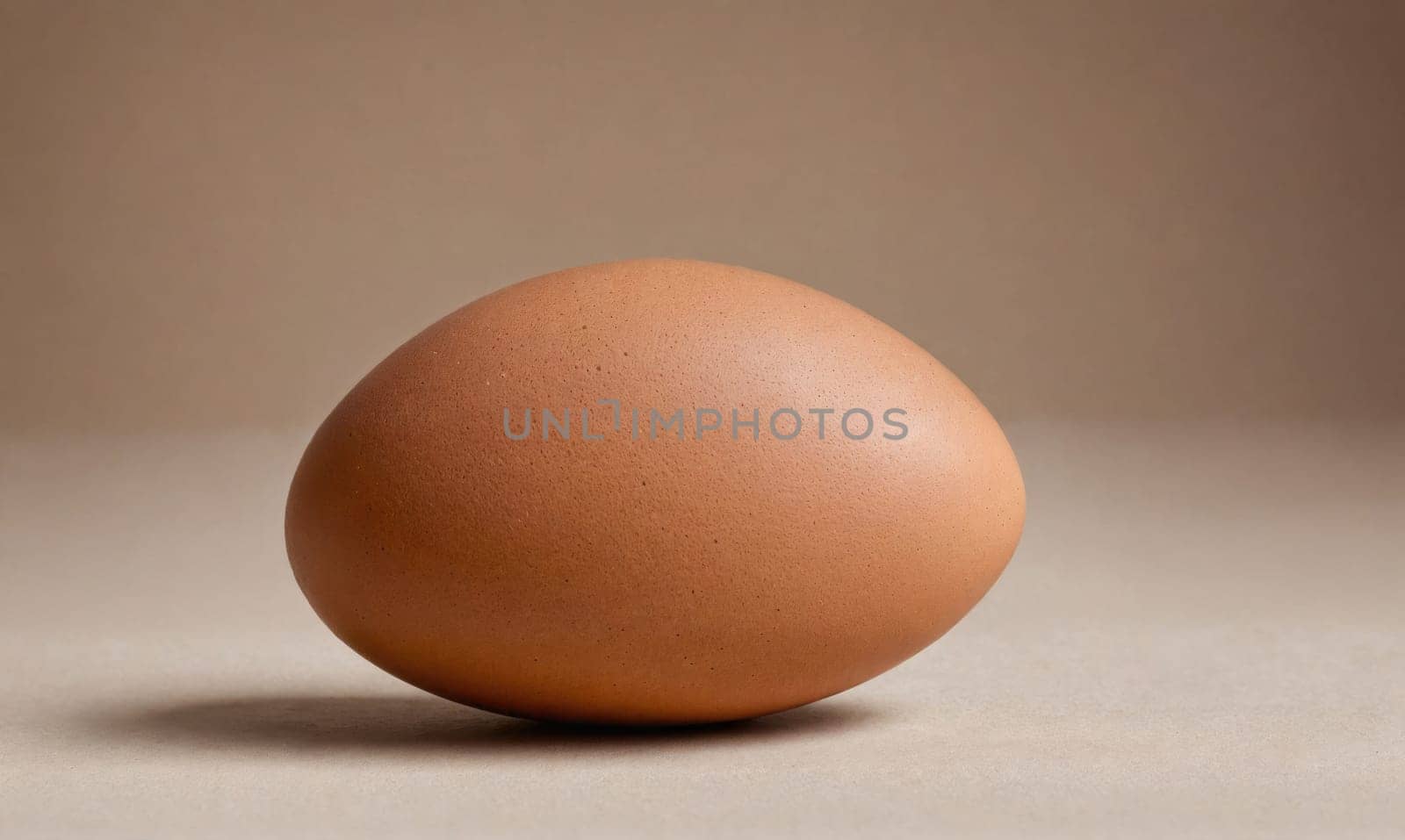 A single brown egg rests on a light beige surface, illuminated by soft, even lighting.