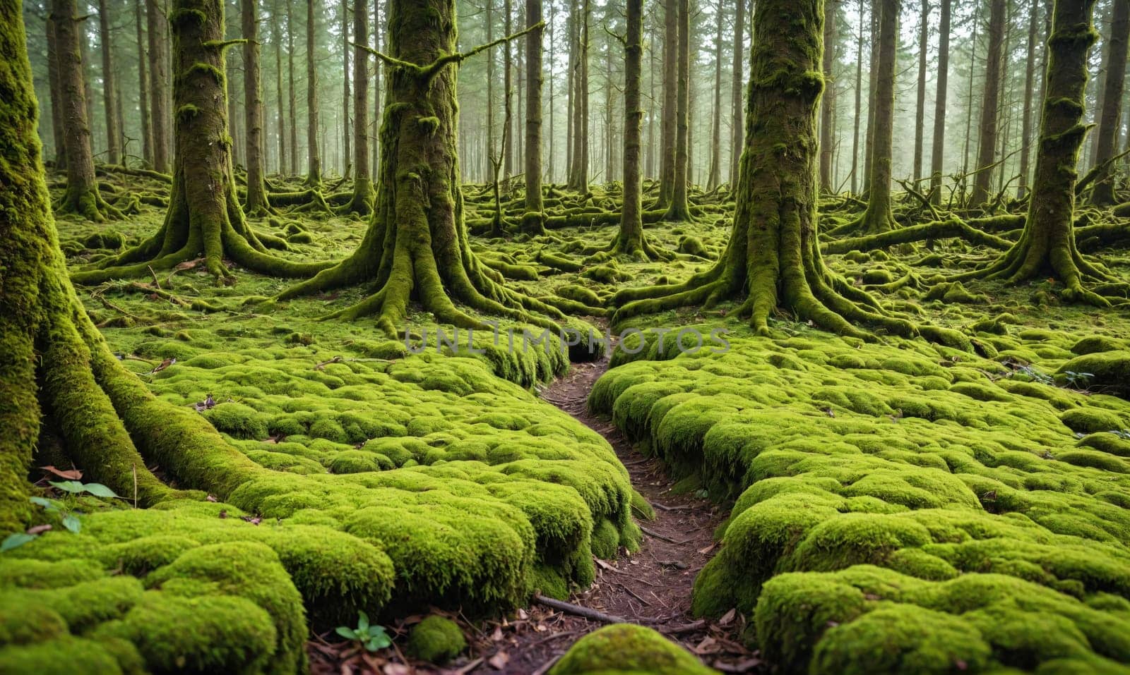 A path through a dense forest is covered in thick green moss. The moss covers the ground around the base of large trees, creating a soft, green carpet.