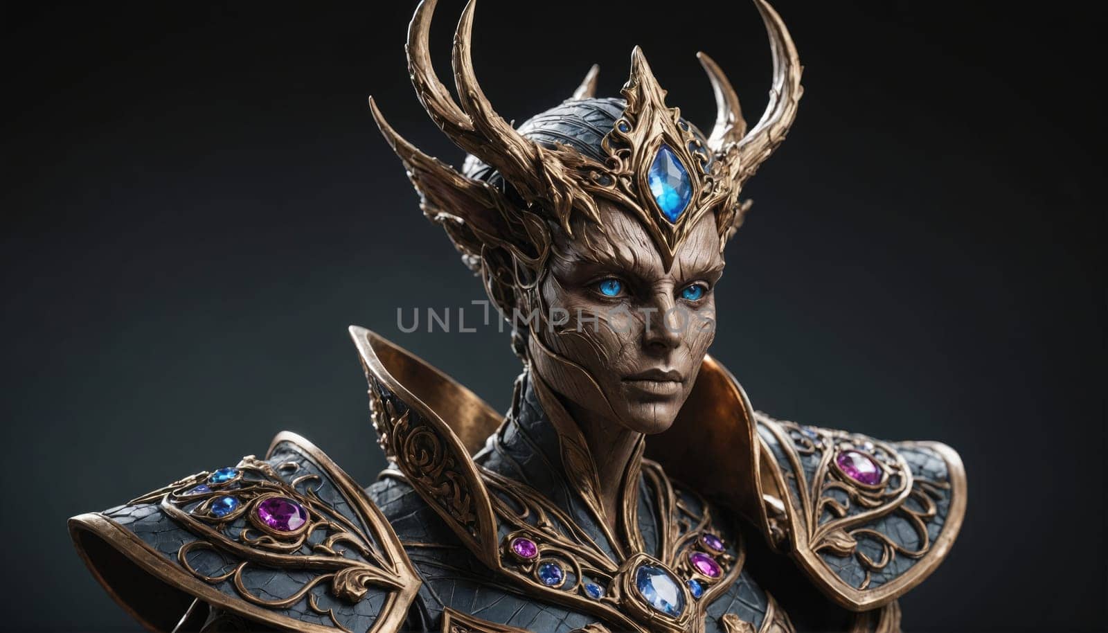 A female elf warrior with blue eyes and a crown of antlers and gems gazes intensely at the viewer. She is wearing ornate golden armor, with intricate details. The background is a dark gray.