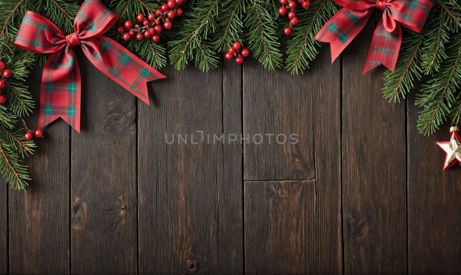 A rustic wood surface is decorated with green pine branches, red berries, and red bows. A star-shaped ornament is in the corner of the image.