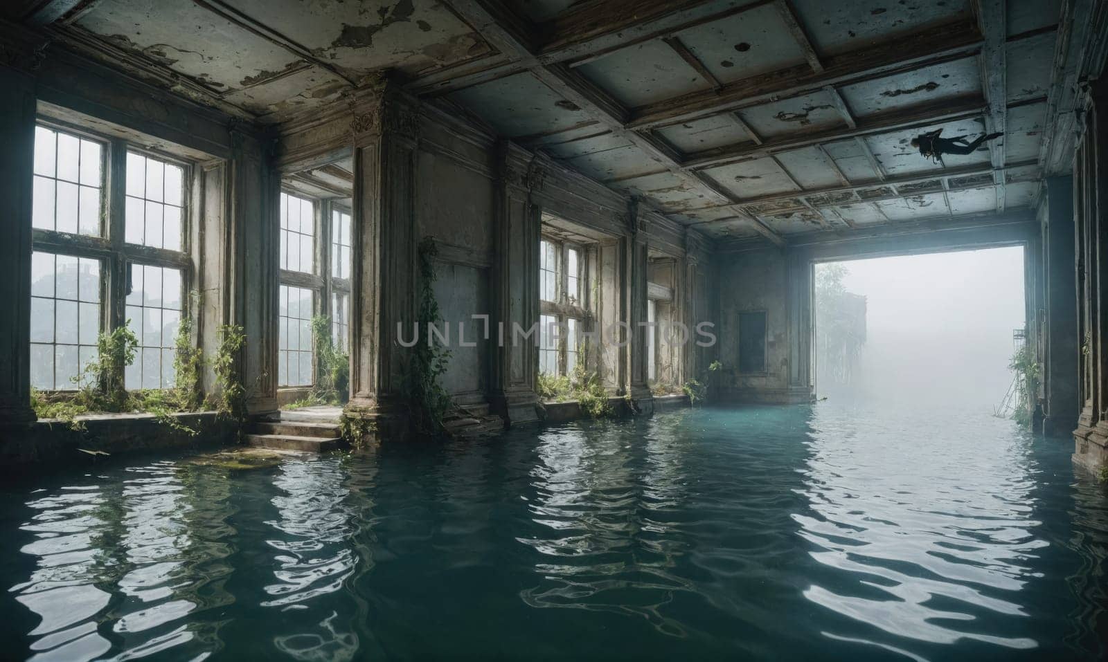 An abandoned, decaying mansion with large windows, flooded with water. There is a large opening in the wall leading to a foggy, gray landscape.